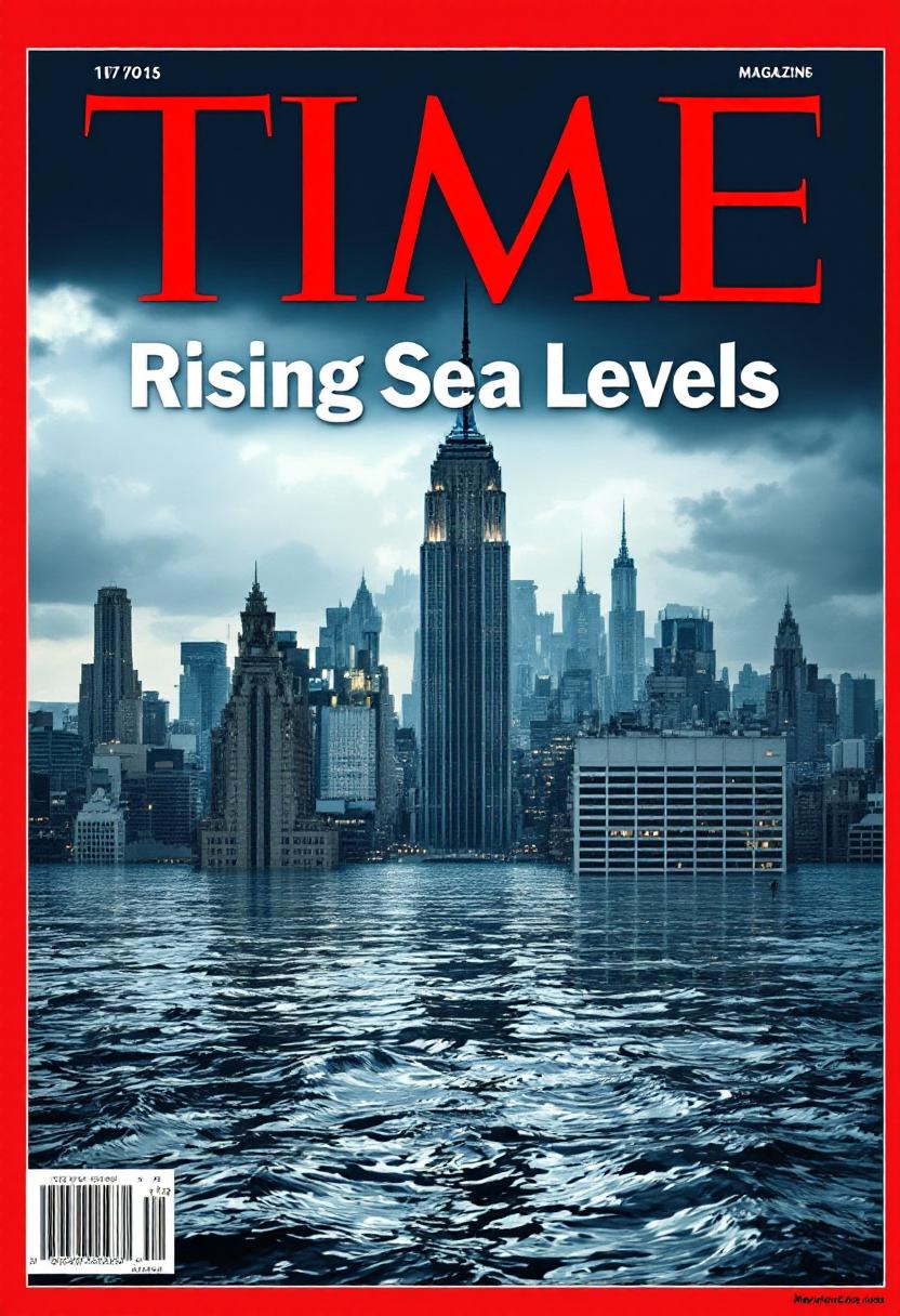 cover of a time magazine with the city of New York under 100 feet of water from rising sea levels. The words title of the Time magazine is  "Rising Sea Levels"