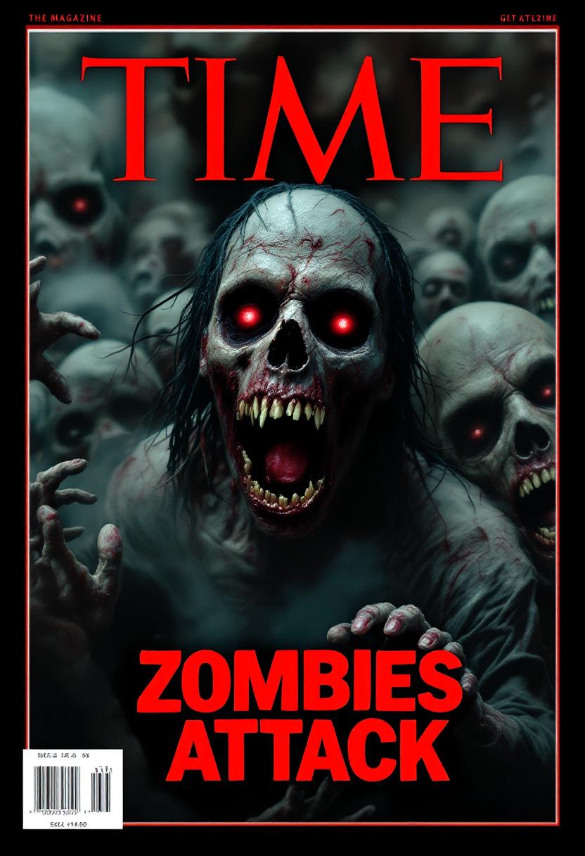 cover of a Time magazine with the zombies as human overlords and crowds of people panic. The title of the magazine is "Zombies Attack". 