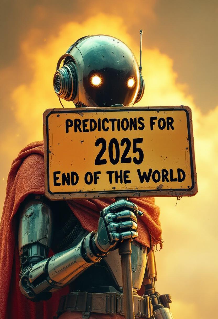 Create a sign that says "Predictions for 2025 - End of the World" and robot holding the sign