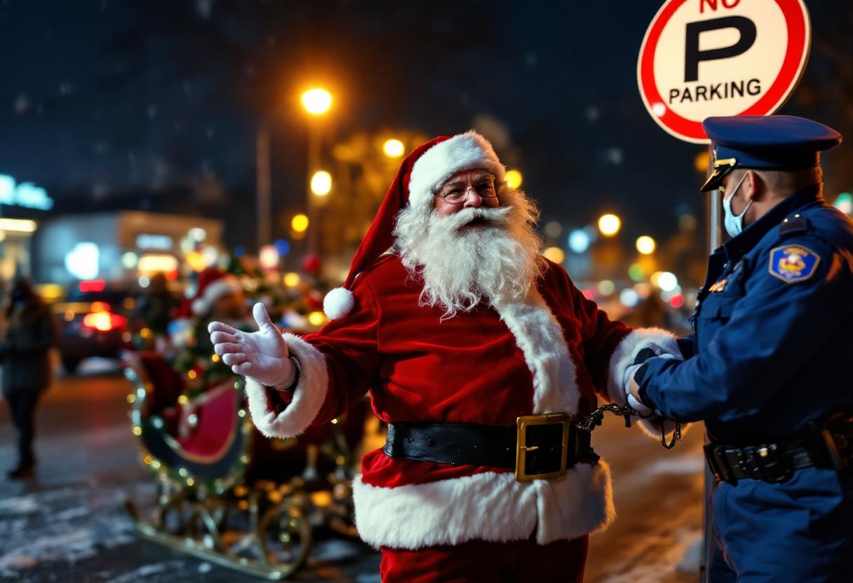 SantaClause being handcuff by police in blue uniform, Behind Santa is A sleigh is parking under No-Parking Sign. BG pedestrian night