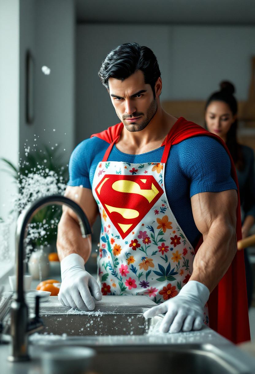 Spectacular photography, 3d, render, cgi, digital noise free, medium plane shot, hyperrealistic, 300 dpi, best angle of view of the superhero "Superman" facing viewer superman logo, who is standing, showing off a white hand with colorful printed flowers apron, with white plastic gloves, next to a sink with the tap open, scrubbing dishes. Detergent foam and water splashes. In the background, a woman with a very serious gesture is holding a wooden roller in her hands. A kitchen with its signature utensils. High contrast between lights and shadows