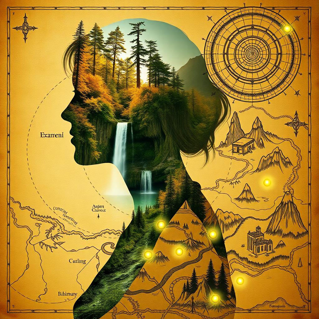 A surreal double-exposure portrait of a woman in profile, seamlessly blending her silhouette with natural elements and mystical designs. Inside her silhouette, a vibrant natural landscape is revealed: a cascading waterfall flows through lush green cliffs adorned with autumnal foliage. Tall trees rise from the cliffs, bathed in soft golden sunlight, and the waterfall transitions gracefully into her neck, symbolizing a connection between humanity and nature.
Outside her silhouette, the previously blank background is transformed into a detailed fantasy map intertwined with glowing, ancient patterns. The map features hand-drawn elements such as winding rivers, towering mountain ranges, ancient ruins, and enchanted forests, all rendered in soft sepia and gold tones. Overlaid on the map are intricate glyphs, concentric rings resembling tree rings, and spiraling celestial symbols, glowing faintly with an ethereal light.
The contrast between the natural landscape within her and the mystical map outside creates a striking visual balance, evoking themes of exploration, harmony, and the eternal connection between humanity and the cosmos. The composition blends realism with fantasy, inviting the viewer into a world of wonder and imagination.
<lora:Anime v1.3:1.2> <lora:Blue_Future:0.9> <lora:Ethereal_Brush_Anime_v1.0:0.6> <lora:It's a LoRA for portraits, BUT! actually specialized in backgrounds. v1.0:0.2>