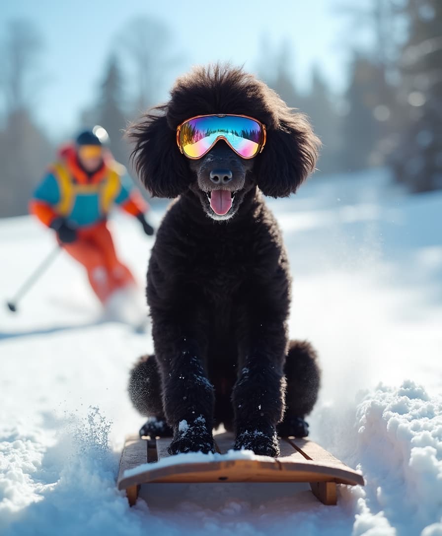 A high-resolution, dynamic photograph showcasing a tall, sleek black poodle with a wide, joyful smile, wearing reflective, colorful ski goggles. The poodle is comfortably seated on a vintage wooden toboggan, its fur slightly tousled by the wind. The scene captures the poodle in mid-slide down a pristine ski slope, with powdery snow kicking up around the toboggan. In the background, a skier in vibrant, professional ski gear blurs past, adding a sense of motion and speed. The lighting is bright with the sun high in the sky, casting long shadows and highlighting the snow's texture. The mood is playful and exhilarating, with a clear, crisp winter day atmosphere. The composition uses a shallow depth of field, focusing sharply on the poodle while the background skier is intentionally blurred, creating a dynamic, fast-paced scene. The image should evoke the thrill of winter sports and the joy of a pet participating in a human activity, captured in the style of sports photography with a touch of humor.