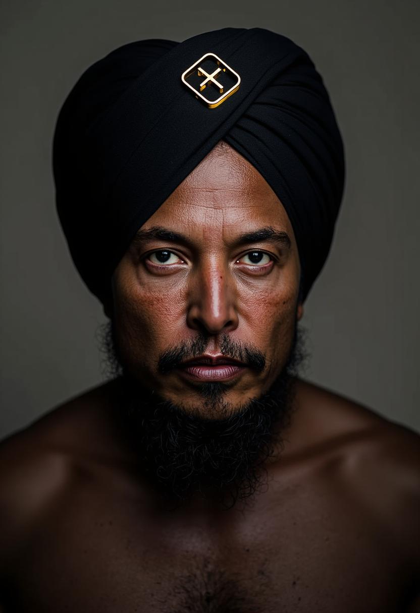 a photo of MUSK, create image of MUSK man, facing the camera, as east Indian tanned dark color, wearing a Black Turban with a gold "X" 3d centered on it
