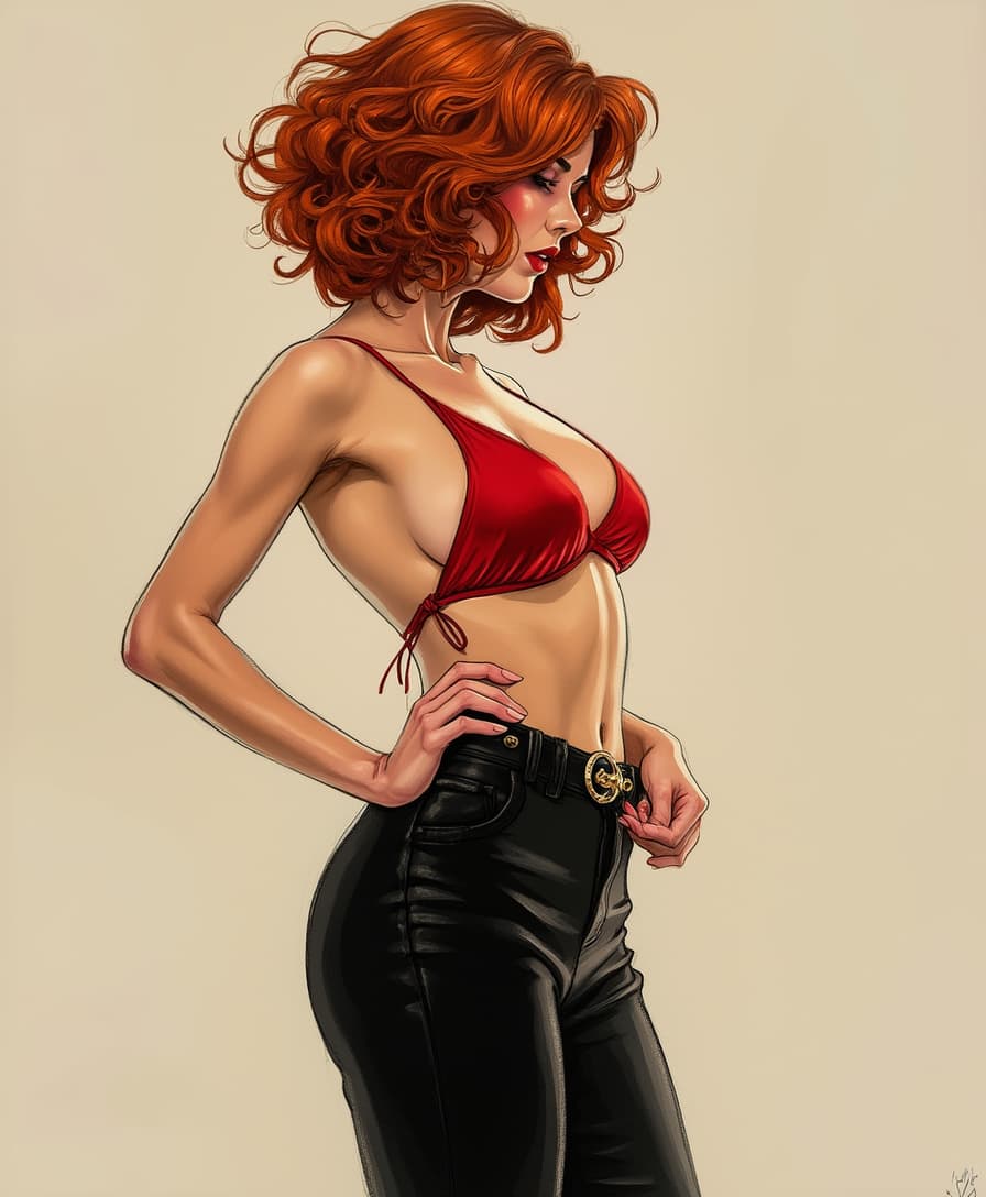 Sexy Gorgeous Woman, The image features a woman with a profile view, showcasing a poised and elegant stance. The individual is adorned in a striking red string bikini. The subject is wearing a pair of black pants that are formfitting, accentuating the figure. The pants have a subtle sheen, suggesting a possible satin or silk blend, and are cinched at the waist with a thin belt, which adds a touch of sophistication to the ensemble. The individuals hair is styled in a short, curly fashion, with the curls cascading in waves around the head and neck. The hair color is a vivid red, which complements the blouse and adds a pop of color to the overall palette of the outfit. The hairs texture is rendered with a lifelike quality, with individual strands and highlights that give the curls volume and dimension. The subjects pose is graceful and confident, with one hand resting on the hip and the other gently touching the waist, suggesting a selfassured demeanor. The positioning of the hands and the slight turn of the body create a sense of movement and dynamism within the stillness of the image. The overall aesthetic of the image is reminiscent of a stylized illustration, with a focus on the interplay of light and shadow, which adds depth and realism to the subjects form and the textures of the clothing. The color scheme is warm and inviting, contrast to the cool tones of the black pants and the neutral background.