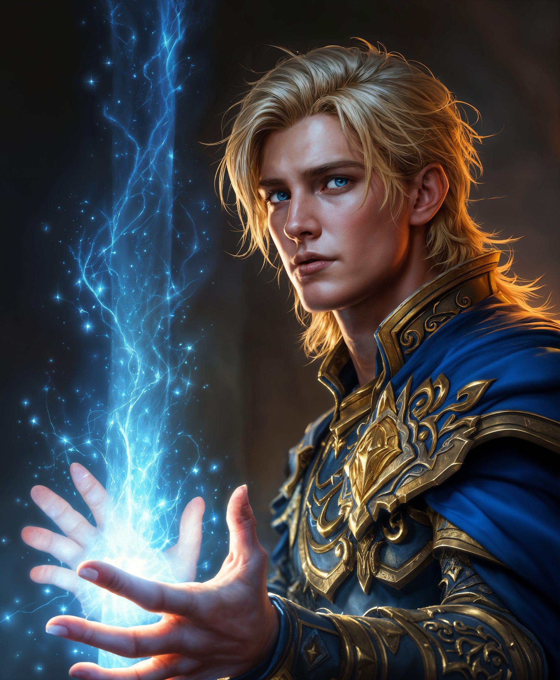 masterpiece, best quality, highres, sharp image, more detail, masterpiece, best quality, highres, sharp image, more detail, Create a hyper-realistic, high-resolution digital painting of Anduin Wrynn from "World of Warcraft." The image should capture:

- **Character**: Anduin Wrynn, in his late twenties, with his iconic light-colored hair, blue eyes, and noble features. His expression should reflect his inner turmoil and wisdom, blending youth with the weight of leadership.

- **Powers**: His hands are glowing with the Light, a shimmering, ethereal energy that radiates warmth and hope. This light should be subtle yet visible, casting soft shadows and highlights around him.

- **Weapons**: He wields the Shalamayne sword, its blade emitting a gentle luminescence that complements the Light's glow. The sword's design should be intricate, with runes etched into the blade, reflecting its legendary status.

- **Visual Details**: 
  - **Clothing**: Anduin wears his royal blue and gold armor, with detailed engravings and a flowing, regal cape that billows slightly as if caught in a gentle breeze. 
  - **Textures**: The metal of the armor should look polished yet battle-worn, with leather straps and cloth elements showing signs of use. 
  - **Lighting**: The scene is illuminated by the soft, ambient light of the Light's energy, creating a halo effect around Anduin, with high contrast between light and shadow to emphasize his divine presence.

- **Style**: Photorealistic with elements of fantasy illustration, reminiscent of high-quality concept art for video games, blending realism with a touch of the surreal.

- **Composition**: 
  - **Subject Positioning**: Anduin stands in a heroic stance, one foot slightly forward, ready for battle or in a moment of contemplation. 
  - **Camera Angle**: A slight low angle shot to convey his authority and stature, with the focus on his face and the Light's energy.
  - **Framing**: A medium close-up, ensuring the details of his face, armor, and the sword are visible, with enough background space to suggest a grand, epic setting.

- **Mood and Atmosphere**: The scene should exude a sense of calm power, with a serene yet intense atmosphere. The background suggests the aftermath of a battle, with the air still charged with magic and the remnants of conflict.

- **Technical Aspects**: 
  - **Depth of Field**: A shallow depth of field to isolate Anduin, with the background slightly blurred to keep the focus on him.
  - **Lighting Techniques**: Use of rim lighting to highlight Anduin