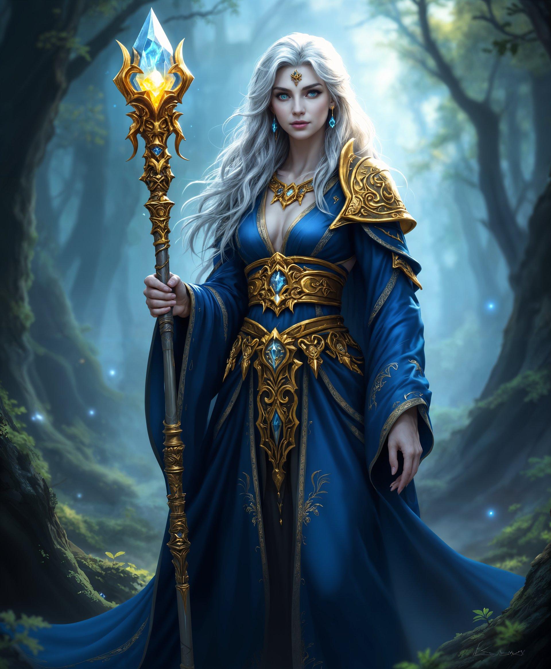 masterpiece, best quality, highres, sharp image, more detail, **Subject**: Aegwynn, Guardian of Tirisfal from "World of Warcraft"

**Description**: Aegwynn stands majestically in a mystical forest clearing, her presence commanding and serene. She is depicted as an older woman, her hair silver and flowing, dressed in flowing robes of deep blue and gold, the colors of the Kirin Tor. Her robes are adorned with intricate magical runes that glow faintly with arcane energy.

**Visual Details**: 
- **Hair**: Silver, long, and slightly wavy, cascading down her back.
- **Eyes**: Bright, piercing blue, filled with wisdom and power.
- **Robes**: Made of a silk-like fabric with a slight shimmer, detailed with gold embroidery and arcane runes. The robes billow slightly as if moved by an unseen magical wind.
- **Staff**: Her staff, known as the Staff of Aegwynn, is tall and ornate, topped with a large crystal that pulses with arcane light. The staff is carved with ancient symbols of the Tirisfal and has a golden band at the top where the crystal sits.
- **Weapons**: Besides her staff, she has a small, intricately designed dagger at her waist, its hilt encrusted with jewels, signifying her readiness for battle.

**Artistic Style**: 
- **Digital Art**: High resolution, with a focus on photorealism, capturing the fantasy elements with a touch of magical realism.
- **Lighting**: Soft, ambient light from the forest, with magical effects illuminating her and her surroundings, creating a halo-like effect around her figure.

**Composition**: 
- **Camera Angle**: Slightly low angle, looking up at Aegwynn to emphasize her power and stature.
- **Framing**: She is centrally placed, with the forest clearing forming a natural frame around her, with trees arching overhead to create a canopy effect.

**Mood and Atmosphere**: 
- **Time**: Late afternoon, with the golden hour light filtering through the leaves, casting a warm glow on the scene.
- **Ambiance**: The air is filled with a palpable sense of magic, the forest silent except for the faint hum of arcane energy.

**Technical Aspects**: 
- **Depth of Field**: Use a shallow depth of field to keep Aegwynn in sharp focus while the background blurs slightly, emphasizing her as the focal point.
- **Color Palette**: Rich, deep blues, vibrant golds, and the natural greens and browns of the forest, with the magical elements highlighted in ethereal glows.

**Prompt**: