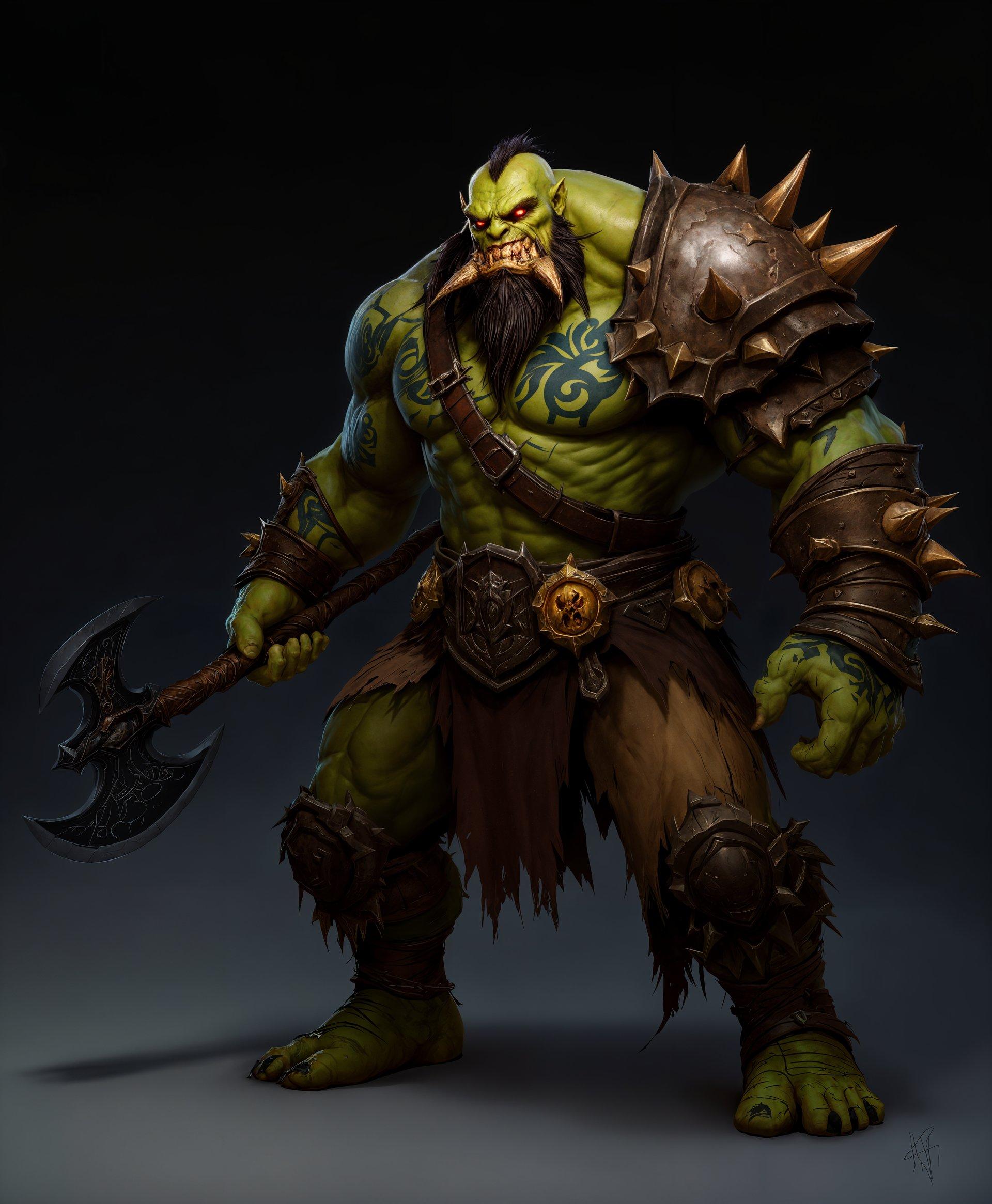 masterpiece, best quality, highres, sharp image, more detail, masterpiece, best quality, highres, sharp image, more detail, **Image Prompt:**

Generate a highly detailed, realistic image of Grommash Hellscream from the "World of Warcraft" series:

- **Subject:** Grommash Hellscream, an imposing orc warrior with a fierce expression, muscles taut and ready for battle. His skin should have a natural green hue with darker green tattoos that swirl around his arms and chest, reflecting his heritage and strength.

- **Clothing and Armor:** Adorn him in traditional orcish war gear, featuring leather straps, spiked pauldrons, and a tattered cloak with the Warsong clan symbol. His armor should look battle-worn with visible dents and scratches.

- **Weapons:** In his right hand, he wields Gorehowl, a massive two-handed axe with an ornate, curved blade that glimmers with a dark energy. The axe handle should be wrapped in leather and adorned with bones or skulls. 

- **Powers:** His eyes glow with a faint red light, indicating his connection to the demonic power that courses through him. A subtle aura of red and black energy should surround him, hinting at the unleashed fury of his inner demon.

- **Setting:** Place him in a battle-torn landscape, perhaps a field after a skirmish, with smoke rising in the background, and the ground littered with debris from fallen foes. The sky should be overcast, with hints of fiery orange and red from distant conflicts.

- **Lighting and Atmosphere:** Use dramatic lighting with a focus on the subject, casting strong shadows that enhance his menacing presence. The atmosphere should be charged with tension, with a slight fog or smoke to add depth and mystery.

- **Art Style:** Adopt a photorealistic style with hyper-realistic textures and lighting, reminiscent of high-end CGI in modern video games or films, capturing the gritty realism of a war-torn world.

- **Composition:** Center Grommash in the frame, slightly off to the left, with his gaze directed towards the viewer, creating a direct confrontation. His stance should be wide, ready to strike, with his axe positioned diagonally across his body.

- **Mood:** The image should evoke a sense of awe, fear, and respect for this legendary warrior, with an undercurrent of imminent violence and the raw power of nature and the supernatural.
