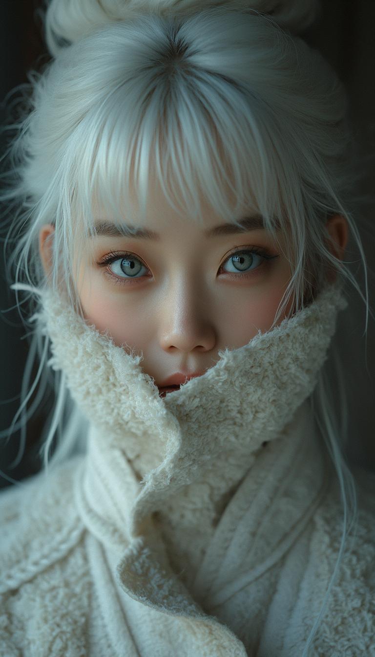 ultra close up face, look the viewer, half face focused, a young woman with white hair, hair bun, long bangs, Korean, covering the face with coat's collar, sensuous, blue eyes, academic realism, historical subjects, Gorgeous Galactic
