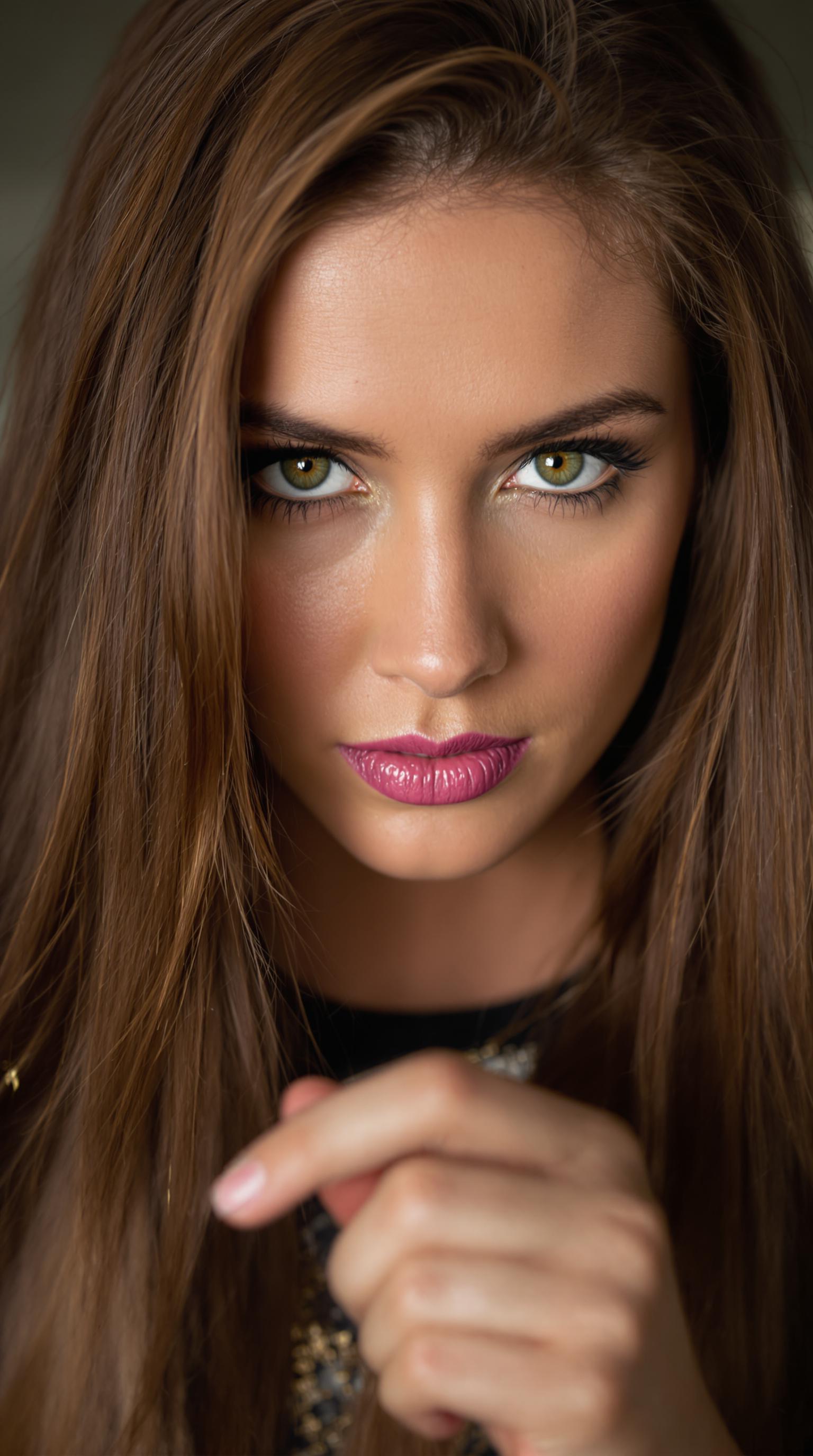 portrait, close up of a In this stunning portrait, a woman with long brown hair and bright green eyes gazes intently at the viewer. Her expression is one of intense concentration as she holds onto her hand in front of her. aidmaRealisticPeoplePhotograph
