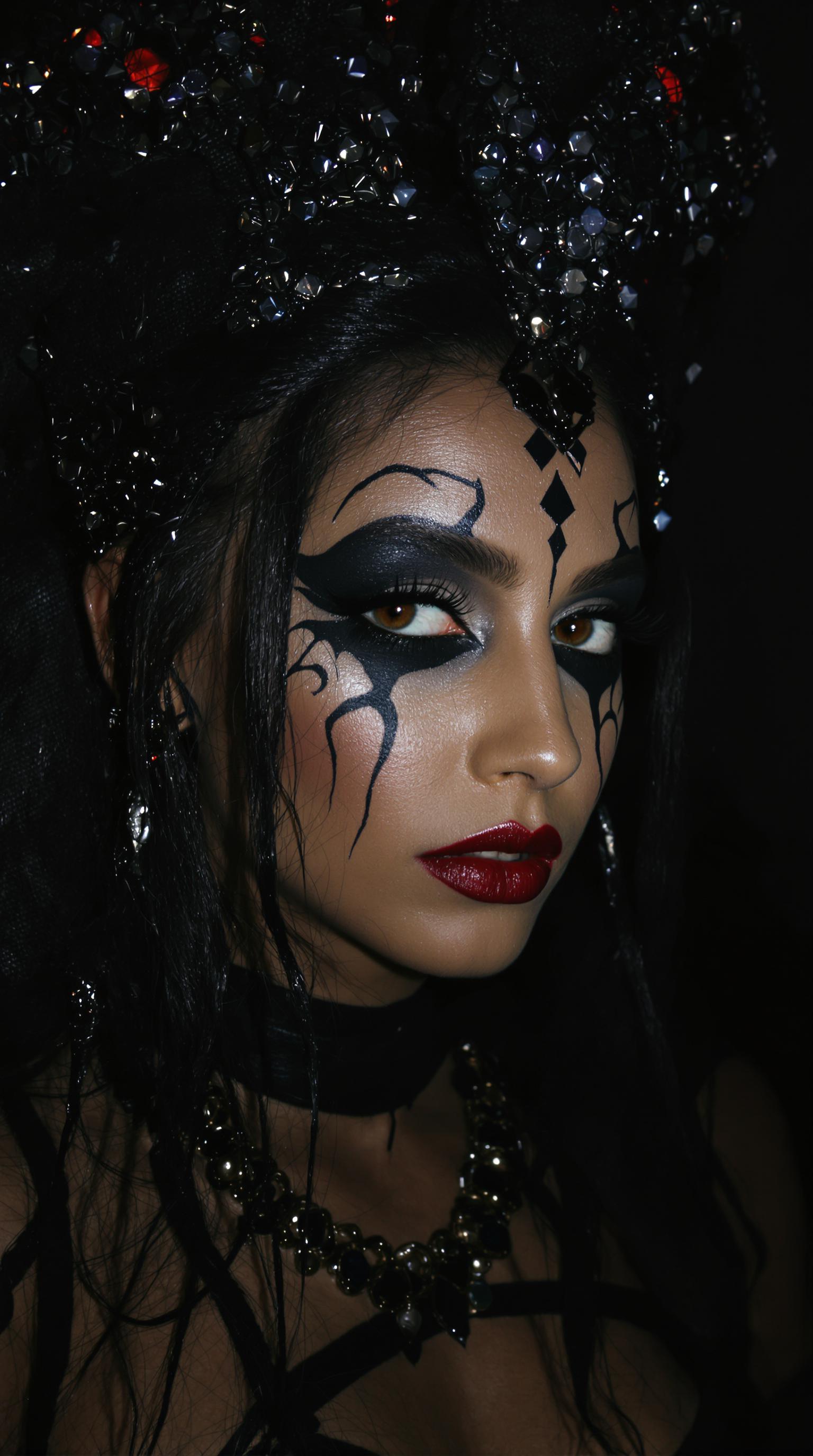 modeling photograph, rakshasa, indian  beautiful, dark, mysterious, goth makeup, detailed flawless face, dramatic darkroom lighting, high exposure, (bubbly background:0.7), head and shoulders, 80mm camera