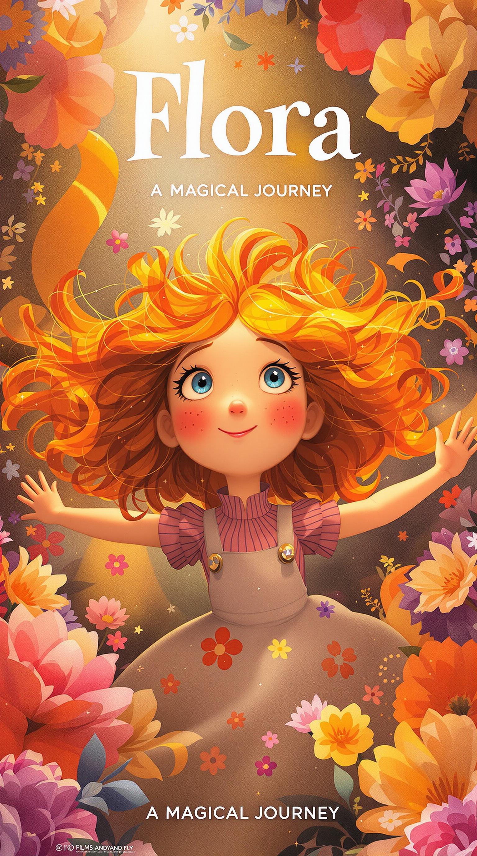 A whimsical, vibrant illustration of a young girl as the centerpiece, crafted in the style of a film poster. The girl is full of life, with strikingly vivid, curly orange hair that catches the light like fire. Her big blue eyes sparkle with innocence and joy, framed by delicate freckles across her rosy cheeks and a little snub nose. She dances with outstretched arms, radiating pure happiness. She wears a deep-colored, high-collared blouse beneath a bright pinafore dress adorned with subtle floral patterns, cinched at the waist with a small belt, adding a charming touch to her look.  The background is a soft, glowing garden scene, blending abstract and surreal artistic elements. Blooming flowers in rich shades of orange, pink, and purple surround her, their shapes slightly exaggerated in a dreamlike, painterly fashion. The atmosphere is bathed in golden light, casting a warm, ethereal glow over the entire scene. The focus is on the girl's face, capturing every joyful detail with a high level of painterly quality. The composition feels fairytale-like, with playful, swirling elements in the background and a sense of movement that draws the viewer into her whimsical world.  The overall style is artistic and detailed, combining soft, glowing colors with intricate textures to create a magical and captivating poster design.  The title “Flora” is prominently displayed in the upper part of the poster. The Text “A Magical Journey” is in the lower part of the poster.