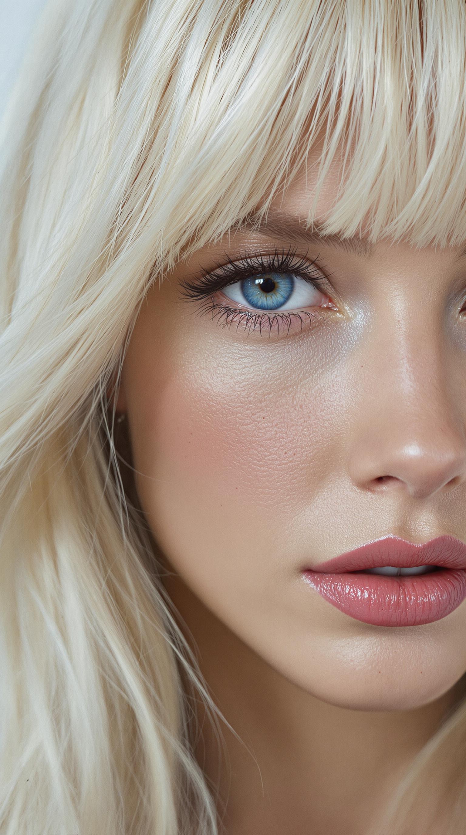 UHD, 4k, ultra detailed, cinematic, a photograph of  <lora:skin texture style v5:0.9>
detailed photorealism style, hyperrealism art style, realistic textures, photorealistic style, Hyperrealism (visual arts), A cinematic skin texture style still image of a white woman with blonde hair and blue eyes, detailed skin pore, film still, still photography style, sharp style, detailed style, perfect style, perfection style, Kodak film skin tone style, fujifilm skin tone style, professional photography style, skin textured, skin texture style, 1girl, solo, long hair, looking at viewer, bangs, simple background, white background, closed mouth, white hair, blunt bangs, lips, grey eyes, portrait, realistic, blue eyes, blonde hair, purple eyes, eyelashes, close-up, grey background, red lips, epic, beautiful lighting, inpsiring