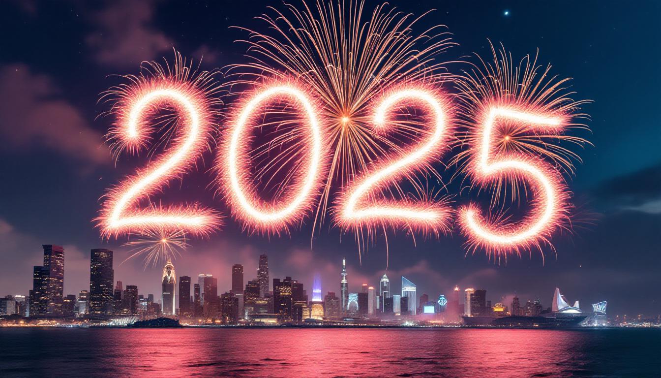 Amazing massive Firework over ocean side city skyline. The firework figures the year "2025" in the sky