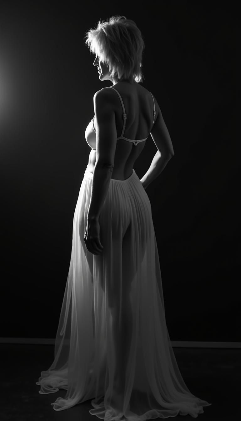 I_body_neutral, A stunningly beautiful **40yo woman** with a **slender, sensual figure** and **short dark messy hair**,stands **poised in a dimly lit room**. She wears a **translucent white chiffon dress** that subtly reveals her form beneath, enhancing the **allure and mystique**. 

**Visual Details:**
- **Chiffon Dress:** The fabric is light and airy, flowing around her in a gentle cascade, creating a play of light and shadow that accentuates her silhouette.
- **Black and White:** The scene is rendered in a monochromatic palette with **high contrast**, where the whites glow and the blacks are deep and rich, capturing the essence of film noir.
- **Hair:** Her blonde hair cascades in loose, glamorous waves, framing her face with a soft glow.

**Style:**
- **Sin City Movie Style:** The image captures the essence of the movie's **stylized noir** aesthetic, with sharp contrasts and a focus on texture and form, inspired by the **Sin_City_Movie_Style_SDXL lora** to give it a unique, graphic novel-like quality.

**Composition:**
- **Subject Positioning:** She stands slightly to the side, one hand on her hip, her gaze directed away from the camera, inviting the viewer to ponder her thoughts or the scene beyond her.
- **Camera Angle:** A low-angle shot adds to her stature and allure, with the camera capturing her from below to enhance her presence.

**Mood and Atmosphere:**
- **Dark Room:** The room is shrouded in darkness, with only a few strategic light sources casting dramatic shadows, creating a mood of mystery and seduction.
- **Ambiance:** The ambiance is one of **intrigue and allure**, the dim lighting and high contrast giving the scene a dreamlike, almost otherworldly feel.

**Technical Aspects:**
- **Lighting:** Employ **chiaroscuro** techniques with stark contrasts between light and dark, highlighting her figure against the shadowy background.
- **Photography Technique:** Use of **long exposure** to capture the movement of the chiffon, creating a ghostly, ethereal effect around her form.

**Cohesion:**
- All elements are crafted to evoke a **seamless blend of reality and fantasy**, where the woman becomes an iconic figure in a timeless, yet instantly recognizable, noir setting.