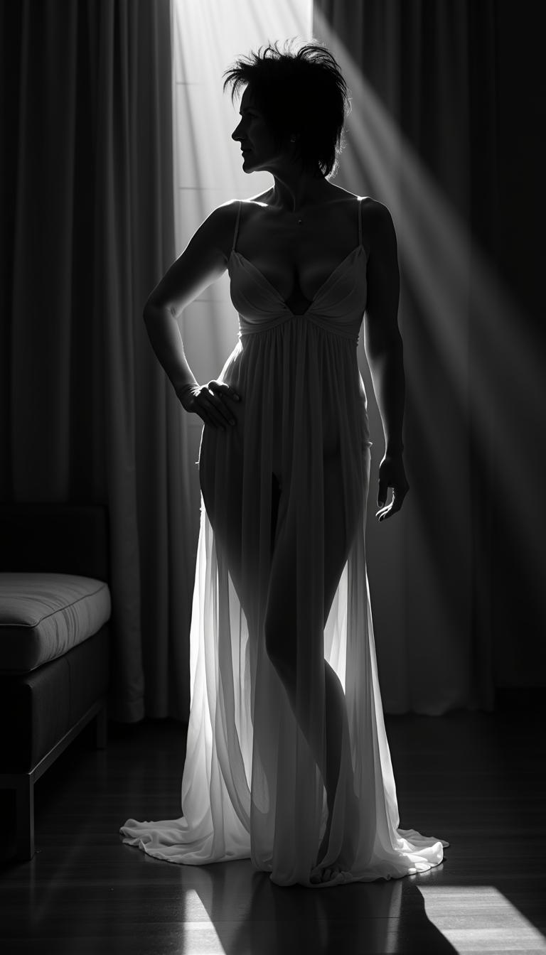 I_body_neutral, A stunningly beautiful **40yo woman** with a **slender, sensual figure** and **short black messy hair**,stands **poised in a dimly lit room**. She wears a **translucent white chiffon dress** that subtly reveals her form beneath, enhancing the **allure and mystique**. 

**Visual Details:**
- **Chiffon Dress:** The fabric is light and airy, flowing around her in a gentle cascade, creating a play of light and shadow that accentuates her silhouette.
- **Black and White:** The scene is rendered in a monochromatic palette with **high contrast**, where the whites glow and the blacks are deep and rich, capturing the essence of film noir.
- **Hair:** Her blonde hair cascades in loose, glamorous waves, framing her face with a soft glow.

**Style:**
- **Sin City Movie Style:** The image captures the essence of the movie's **stylized noir** aesthetic, with sharp contrasts and a focus on texture and form, inspired by the **Sin_City_Movie_Style_SDXL lora** to give it a unique, graphic novel-like quality.

**Composition:**
- **Subject Positioning:** She stands slightly to the side, one hand on her hip, her gaze directed away from the camera, inviting the viewer to ponder her thoughts or the scene beyond her.
- **Camera Angle:** A low-angle shot adds to her stature and allure, with the camera capturing her from below to enhance her presence.

**Mood and Atmosphere:**
- **Dark Room:** The room is shrouded in darkness, with only a few strategic light sources casting dramatic shadows, creating a mood of mystery and seduction.
- **Ambiance:** The ambiance is one of **intrigue and allure**, the dim lighting and high contrast giving the scene a dreamlike, almost otherworldly feel.

**Technical Aspects:**
- **Lighting:** Employ **chiaroscuro** techniques with stark contrasts between light and dark, highlighting her figure against the shadowy background.
- **Photography Technique:** Use of **long exposure** to capture the movement of the chiffon, creating a ghostly, ethereal effect around her form.

**Cohesion:**
- All elements are crafted to evoke a **seamless blend of reality and fantasy**, where the woman becomes an iconic figure in a timeless, yet instantly recognizable, noir setting.