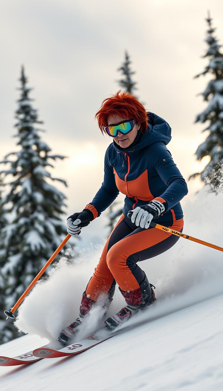I_face_neutral, A cinematic photo capturing a 40-year-old woman with short red messy hair mid-action as she skis skillfully down a steep slope. She is outfitted in a striking navy and orange ski suit, complete with a streamlined helmet and mirrored ski goggles. Her form is impeccable as she leans into a turn, creating a plume of snow that arcs behind her. The background features towering pines dusted with snow, framing the scene with a wintery charm. The soft light of dawn filters through a cloudy sky, adding depth and drama to the moment.  
