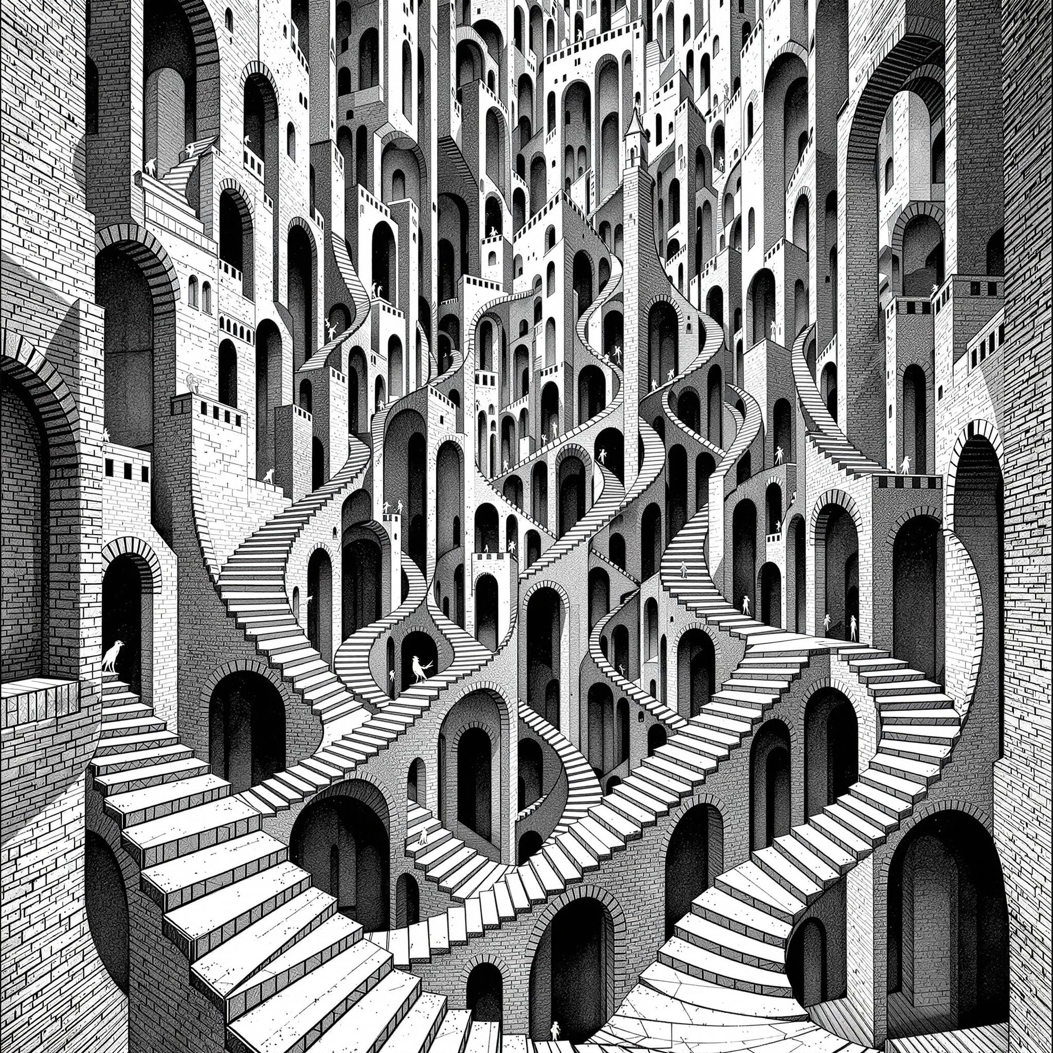 Create an **M.C. Escher inspired black and white line drawing** of a **medieval castle** with:

- **Architectural Complexity**: Multiple stairways that defy conventional orientation, spiraling in all directions, creating optical illusions and paradoxes reminiscent of Escher's work. 
- **Creatures**: Populate the stairs with **small, intricate creatures** like birds, lizards, or chameleons, each engaged in seemingly impossible tasks or movements, adding to the surreal atmosphere.
- **Lighting and Shadows**: Use **chiaroscuro** techniques to emphasize the depth and interplay between light and shadow, enhancing the black and white aesthetic.
- **Composition**: The castle should be the central focus, with stairways leading into and out of the frame, creating a sense of infinite pathways. Utilize a **vanishing point** to guide the viewer's eye through the maze-like structure.
- **Mood and Atmosphere**: Evoke a sense of **mystical disorientation** where the ordinary rules of perspective do not apply, capturing the viewer's imagination with a dreamlike quality.
- **Artistic Style**: Employ **Escher's signature style** of detailed, repetitive patterns and impossible constructions, ensuring that the castle's architecture and the creatures' movements are both believable and fantastical within the black and white medium.

This scene should not only intrigue but also challenge the viewer's perception, embodying Escher's fascination with the infinite and the paradoxical.