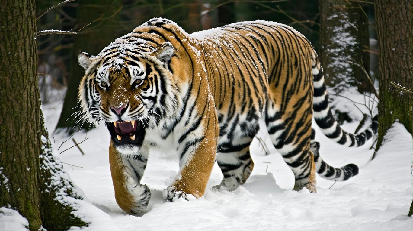 Create an image of an **enormous sabre-tooth tiger prowling menacingly through a frosty forest setting**:

- **Visual Details**: The tiger's fur is a deep, rich orange with black stripes, highlighted by frost and snowflakes clinging to its coat. Its sabre teeth glisten with a slight sheen of ice. The forest floor is carpeted with a thick layer of snow, with delicate icicles hanging from the branches above. The trees are tall, ancient pines, their bark rough and textured, covered in a light dusting of snow.

- **Style**: Render this scene in a hyper-realistic style, capturing the fine details of the tiger's fur, the crystalline structure of the frost, and the stark contrast of the dark forest against the white snow.

- **Composition**: The tiger should be positioned slightly off-center, moving towards the viewer, with its body partially obscured by a large pine tree in the foreground. The camera angle should be low, emphasizing the tiger's dominance in this frozen landscape. 

- **Mood and Atmosphere**: The scene should evoke a sense of eerie calm, with the quiet stillness of a forest after a snowfall, yet punctuated by the palpable tension of the predator's presence. The lighting is soft, diffused by the overcast sky, casting long shadows and creating a chiaroscuro effect.

- **Technical Aspects**: Utilize techniques like depth of field to focus on the tiger while the background trees blur slightly, enhancing the sense of depth. Employ a high dynamic range (HDR) to capture the subtle gradients of light and shadow in the snow and forest.

- **Cohesion**: Ensure that the frost and ice elements are consistent throughout the scene, from the tiger's fur to the forest floor, creating a believable, unified environment where the sabre-tooth tiger naturally belongs.