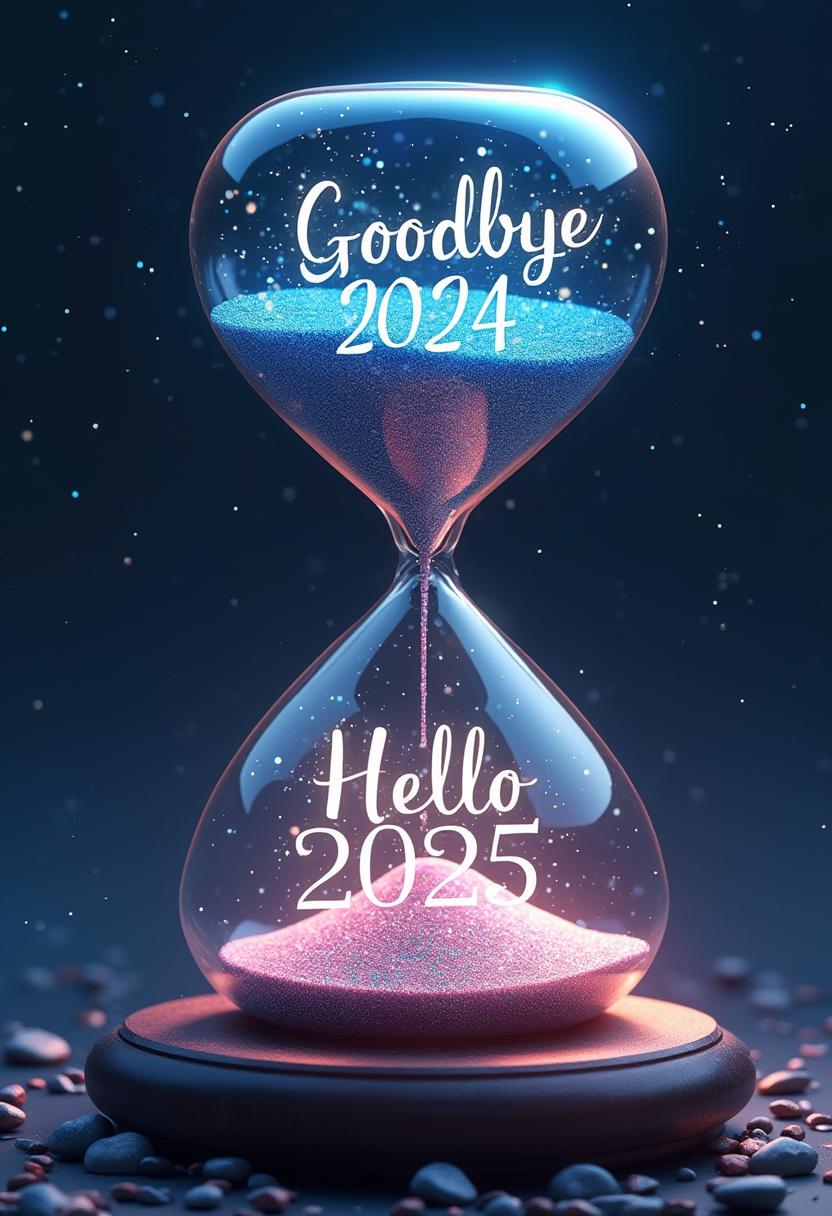 This image is a digital artwork that depicts an hourglass with a magical twist. The hourglass is placed against a dark, starry background that suggests a night sky. The hourglass itself is made of a translucent, glasslike material with a rich, deep blue hue, giving it a sense of depth and dimension.At the top of the hourglass, the upper bulb is filled with a blue, sparkling substance that resembles glitter or confetti, giving the impression of a celebration or a grand farewell. Overlaid on this upper bulb, in a bold, white font, are the words Goodbye 2024, which are positioned in the center, slightly to the left. This text is set against the blue backdrop, creating a stark contrast that draws the eye and emphasizes the message.Moving down to the lower bulb, the substance inside is a soft, pink hue, also sparkling and glittery, giving the impression of a warm, welcoming atmosphere. Overlaid on this lower bulb, in the same white font, are the words Hello 2025, positioned in the center, slightly to the right. This text complements the pink backdrop and reinforces the feeling of a new beginning or a fresh start.The hourglass is resting on a circular, dark wooden base that provides a grounding element to the otherwise ethereal and floating composition. The hourglass is surrounded by a scattering of small, round stones, which are also dark and contribute to the overall mystical and magical feel of the image.The art style of this image is digital, with a focus on creating a sense of depth and movement through the use of light and shadow. The medium appears to be a combination of 3D modeling and digital painting, as evidenced by the smooth, glasslike texture of the hourglass and the detailed, sparkling effects on the sand.The colors in the image are rich and vibrant, with a predominance of blues and pinks. The blue of the upper bulb conveys a sense of coolness and tranquility, while the pink of the lower bulb suggests warmth and energy. The contrast between these two colors, along with the sparkling effects, creates a dynamic and eyecatching visual.Overall, this image is a creative and imaginative representation of the passage of time, using an hourglass as a metaphor for the end of one year and the beginning of another. The magical elements and the use of color and light to convey emotion and atmosphere make this a captivating and memorable piece of digital art.