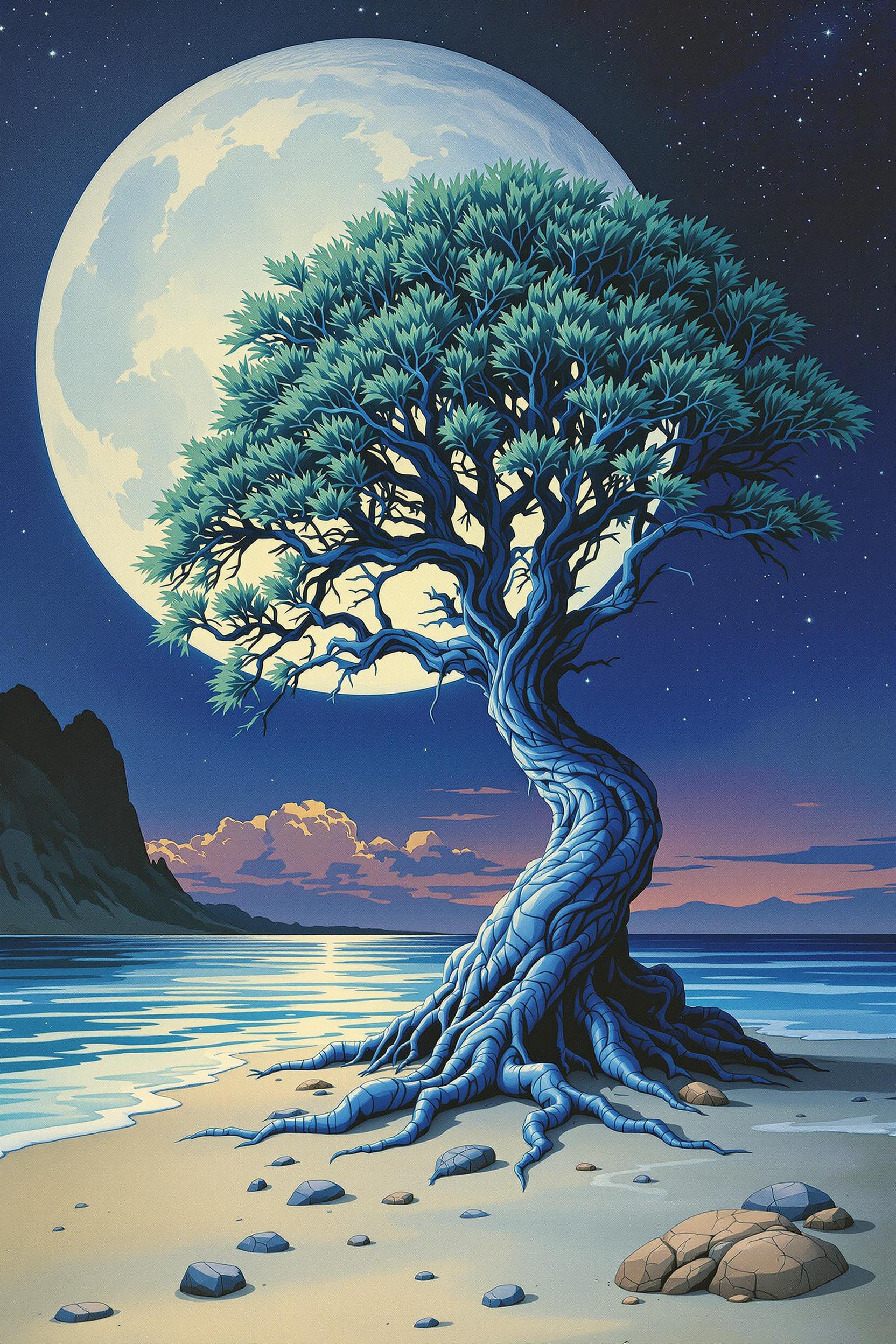 illustrated in the style of Roger Dean, depicting Symbiosis with the moon in the background, a strange blue alien tree on the beach shore, and a night sky. 