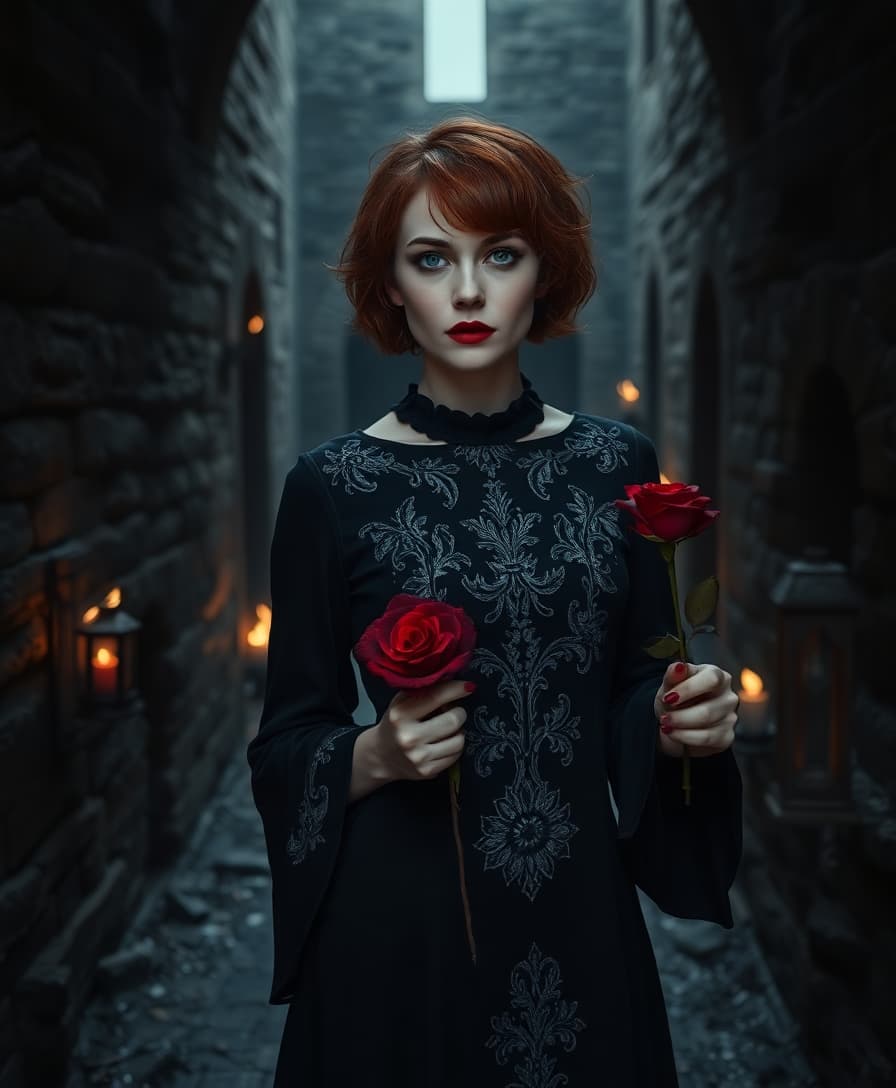 A moody and mysterious photo of a 40-year-old woman with short red messy hair and dark red lipstick, standing in the shadowy depths of castle ruins. She wears a dark gothic dress with intricate silver embroidery and bell sleeves. In one hand, she holds a dark red rose, while faint flames flicker in nearby broken lanterns, casting dancing shadows on the walls. The air is heavy with the scent of damp stone and ancient secrets, as a soft red hue from the rose contrasts against the dark surroundings, making her appear like a spectral figure of beauty and sorrow.  

