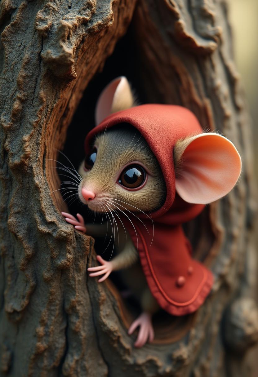 This image is a charming and whimsical portrayal of a small creature, which appears to be a mouse, dressed in a red hooded cloak and peeking out from a hollowedout section of a tree trunk. The art style is digital, with a high level of detail and realism, creating a lifelike appearance that is both adorable and enchanting.The medium used to create this image is likely a 3D modeling software, given the smooth texture and the way light interacts with the surfaces. The colors are warm and earthy, with the red of the hood standing out against the browns and grays of the tree trunk. The red of the hood is a deep, rich color, almost maroon, which gives it a regal and slightly mysterious quality. The texture of the fabric of the hood is finely detailed, with visible stitching and folds that add depth to the image.The mouse itself is the focal point of the image, with its large, expressive eyes and tiny, delicate paws gripping the edge of the hollow. Its fur is a realistic blend of browns and grays, with the light catching on the tips of the hairs to give them a lifelike sheen. The ears are large and rounded, with a soft blush on the inside, and the creatures overall posture is one of curiosity and cautiousness.The tree trunk itself is textured with the natural grooves and ridges of wood, and the light filtering through the hollow creates a play of shadows and highlights that give the scene a sense of depth and dimension. The edges of the hollow are rough and uneven, with the woods natural grain and knots visible, adding to the rustic charm of the setting.Overall, the image is a delightful blend of fantasy and reality, with a touch of whimsy that invites the viewer into a storybook moment frozen in time.