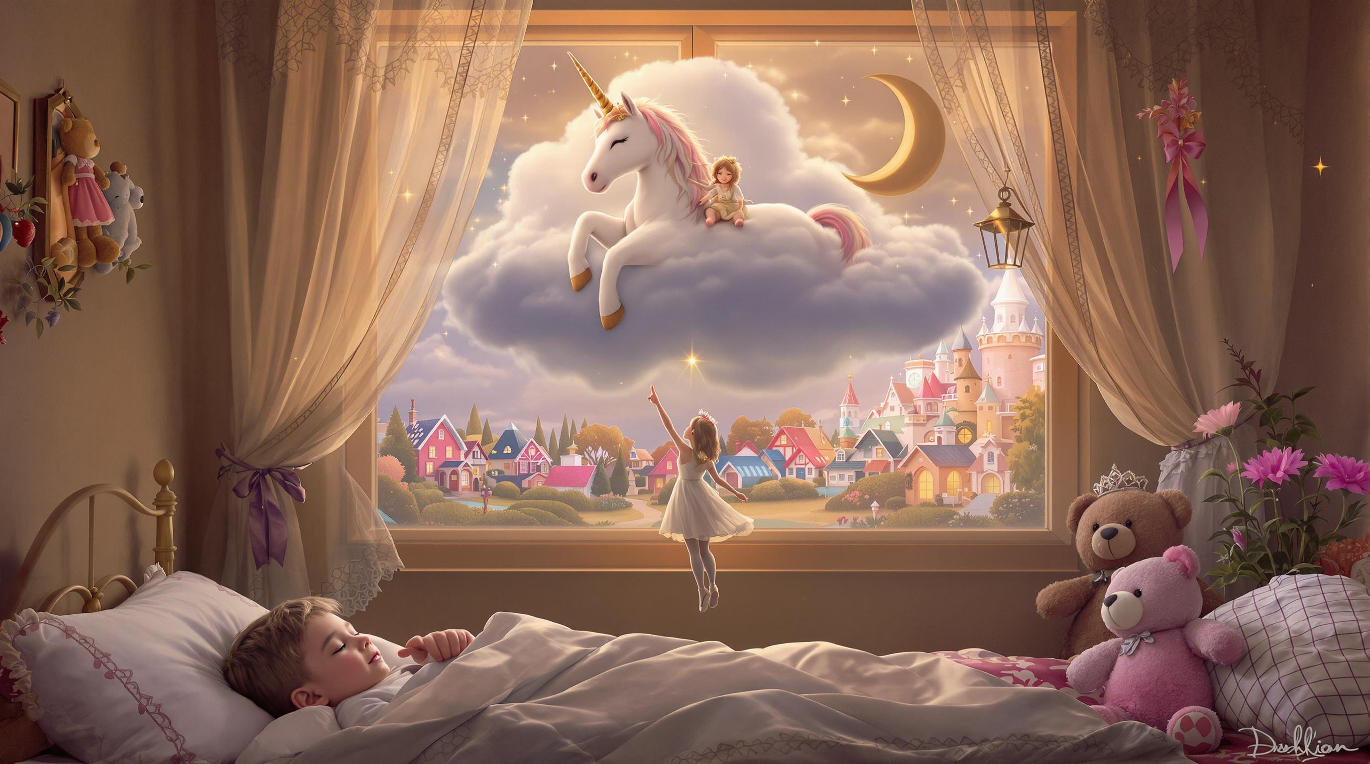 This image is a digitally created fantasy scene that exudes a sense of enchantment and dreaminess. The art style is surreal, with a touch of whimsy, and it appears to be a composite of various elements that have been carefully blended to create a cohesive and magical scene.The medium seems to be digital painting, as evidenced by the smooth blending of colors and the seamless integration of the various elements. The colors are rich and vibrant, with a predominance of warm tones that give the image a cozy and inviting atmosphere. The palette is soft and muted, with a few pops of brighter colors that draw the eye and add contrast.The objects in the image are numerous and varied, each contributing to the overall dreamlike quality of the scene. In the foreground, we see a small child lying on a bed, comfortably tucked in with a teddy bear. The child is dressed in a simple white outfit, which stands out against the darker tones of the room. The childs peaceful expression and the way they are holding the teddy bear suggest a sense of comfort and security.Behind the child, the room is filled with a variety of dream elements. There is a window with sheer curtains that allow sunlight to filter through, casting a warm glow on the scene. The curtains are adorned with lace details, adding to the delicate and ethereal quality of the image. In the center of the image, a cloud floats in the air, upon which rests a unicorn with a white body and a flowing mane. The unicorn has a gentle expression and its eyes are closed, as if it is contentedly floating in the dream. Accompanying the unicorn is a small girl dressed in a flowing dress with a tiara on her head. The girl is pointing upwards, her expression one of wonder and curiosity. To the right of the unicorn and girl, there is a plush toy, resembling a teddy bear, with a small light emanating from its eyes. This toy adds a touch of warmth and familiarity to the scene, as it is a common childhood object.In the background, beyond the cloud, we can see a magical town with houses that are illuminated from within, suggesting that the inhabitants are awake and enjoying their own dreams. The town is nestled among trees and shrubs, with a crescent moon hanging in the sky, completing the dreamy setting.Overall, the image is a beautiful and imaginative representation of a childs dream, filled with warmth, comfort, and magical elements that evoke a sense of wonder and enchantment.