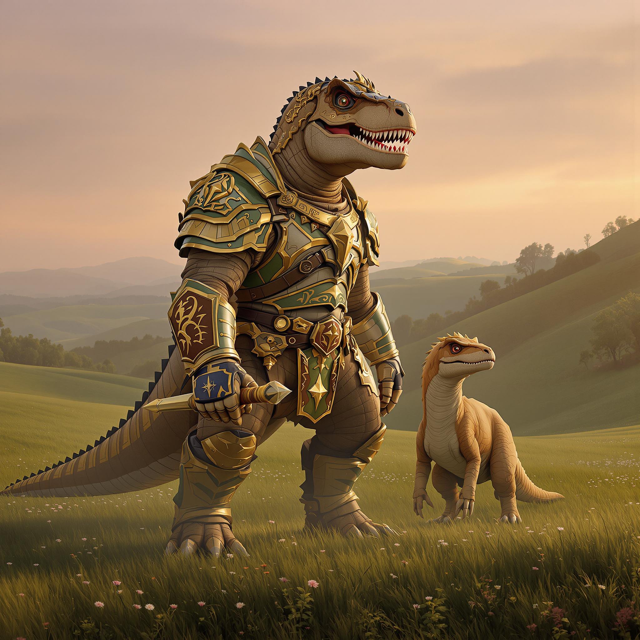This image is a digital artwork that depicts a fantastical scene with two armored dinosaurs in a serene, pastoral landscape. The art style is a blend of realism and fantasy, with a focus on detailed textures and a cinematic quality.The medium appears to be a digital painting, utilizing advanced rendering techniques to create a lifelike quality in the dinosaurs skin and the surrounding environment. The lighting and shadows are expertly rendered, giving the scene a threedimensional feel.The colors in the image are warm and earthy, with a soft, golden light that suggests either dawn or dusk. The dominant colors are browns, greens, and soft pinks, which create a harmonious and tranquil atmosphere. The armor on the dinosaurs is a mix of metallic and organic textures, with gold, bronze, and green hues, which add a touch of fantasy to the otherwise realistic depiction.The objects in the image include the two armored dinosaurs, which are the central figures. The larger dinosaur is a formidable creature, resembling a Tyrannosaurus rex, with a humanoid torso clad in ornate armor. The armor is detailed with intricate patterns and symbols, and the creature is adorned with various items, such as a shield, a sword, and a pair of gauntlets. The smaller dinosaur, which appears to be a Velociraptor, is also armored and is standing attentively beside the larger creature.The background of the image is a lush, grassy field dotted with wildflowers, and rolling hills that fade into a misty horizon. The presence of these dinosaurs in such a peaceful setting creates a striking contrast, adding to the fantastical nature of the scene.Overall, the image is a beautifully crafted piece of digital art that combines elements of fantasy and realism to create a captivating and imaginative scene.