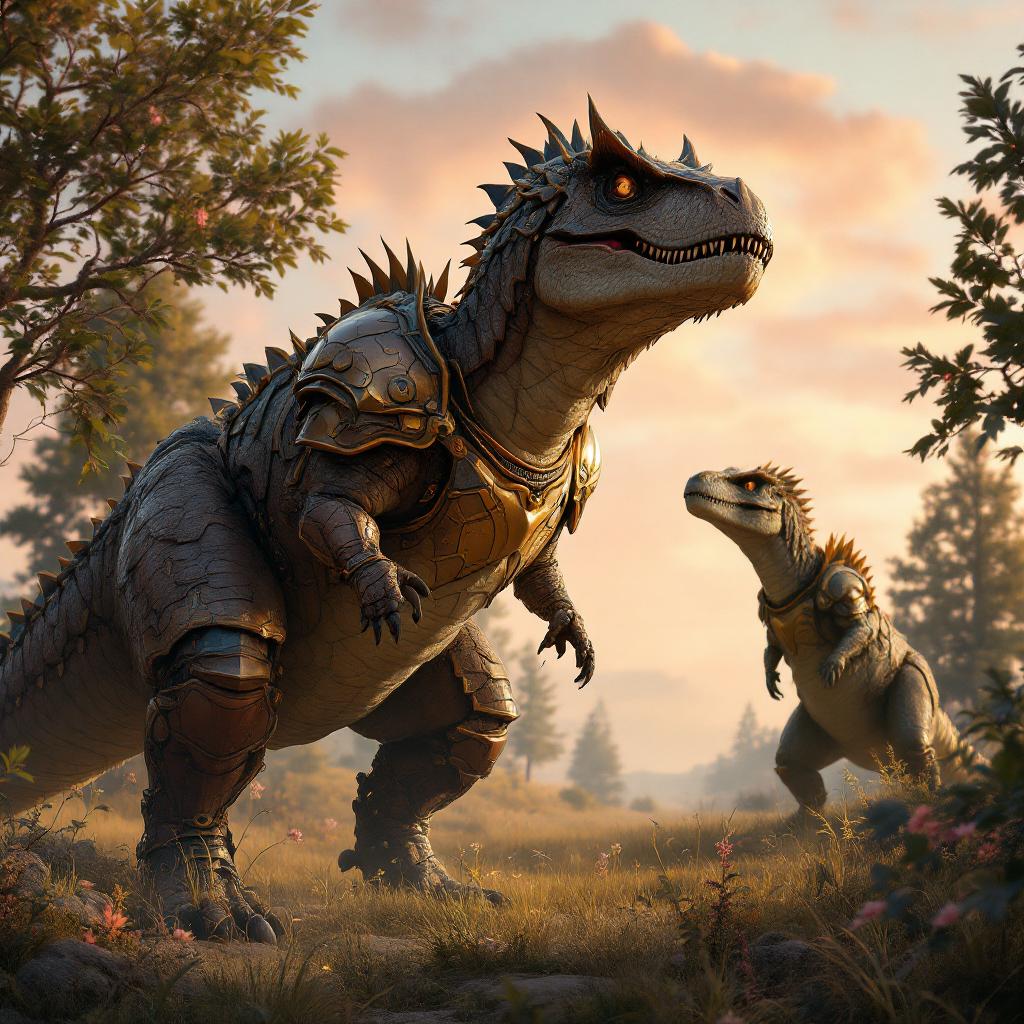 This image is a digital artwork that depicts a fantastical scene with two armored dinosaurs in a serene, pastoral landscape. The art style is a blend of realism and fantasy, with a focus on detailed textures and a cinematic quality.The medium appears to be a digital painting, utilizing advanced rendering techniques to create a lifelike quality in the dinosaurs skin and the surrounding environment. The lighting and shadows are expertly rendered, giving the scene a threedimensional feel.The colors in the image are warm and earthy, with a soft, golden light that suggests either dawn or dusk. The dominant colors are browns, greens, and soft pinks, which create a harmonious and tranquil atmosphere. The armor on the dinosaurs is a mix of metallic and organic textures, with gold, bronze, and green hues, which add a touch of fantasy to the otherwise realistic depiction.The objects in the image include the two armored dinosaurs, which are the central figures. The larger dinosaur is a formidable creature, resembling a Tyrannosaurus rex, with a humanoid torso clad in ornate armor. The armor is detailed with intricate patterns and symbols, and the creature is adorned with various items, such as a shield, a sword, and a pair of gauntlets. The smaller dinosaur, which appears to be a Velociraptor, is also armored and is standing attentively beside the larger creature.The background of the image is a lush, grassy field dotted with wildflowers, and rolling hills that fade into a misty horizon. The presence of these dinosaurs in such a peaceful setting creates a striking contrast, adding to the fantastical nature of the scene.Overall, the image is a beautifully crafted piece of digital art that combines elements of fantasy and realism to create a captivating and imaginative scene.