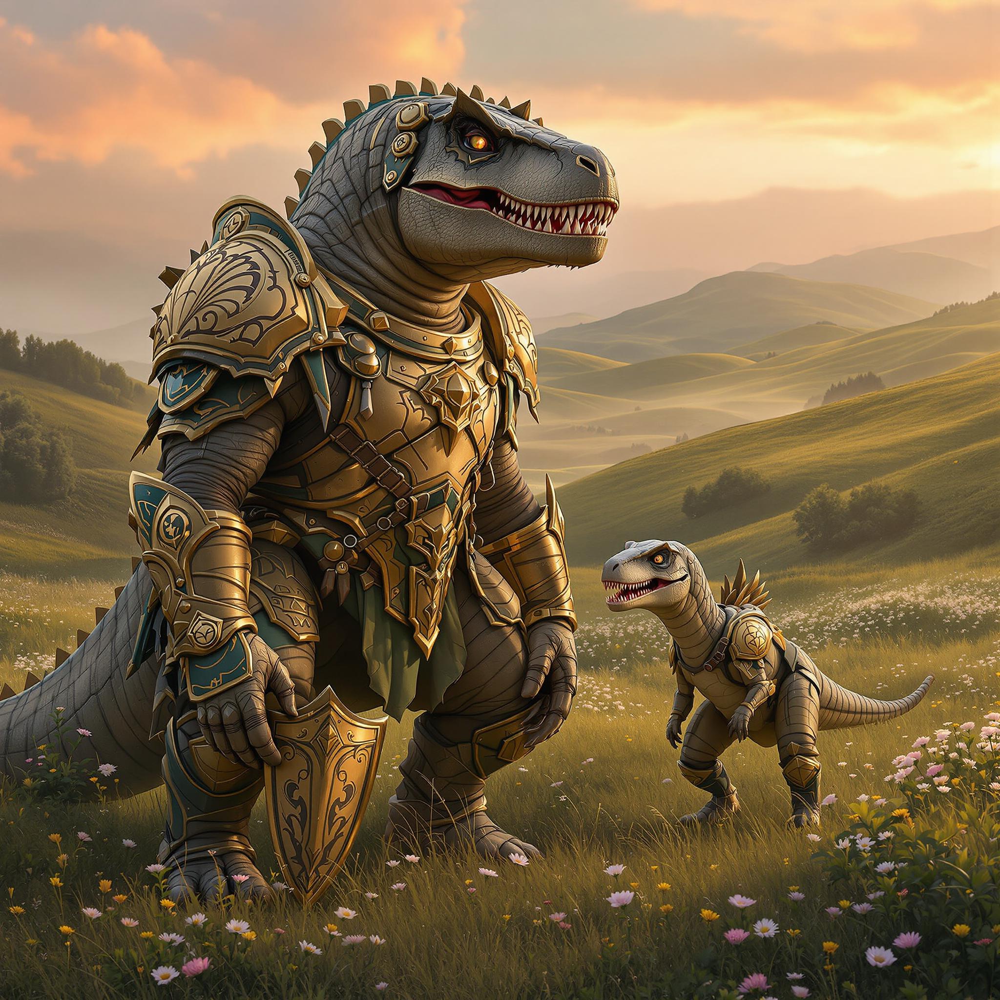 This image is a digital artwork that depicts a fantastical scene with two armored dinosaurs in a serene, pastoral landscape. The art style is a blend of realism and fantasy, with a focus on detailed textures and a cinematic quality.The medium appears to be a digital painting, utilizing advanced rendering techniques to create a lifelike quality in the dinosaurs skin and the surrounding environment. The lighting and shadows are expertly rendered, giving the scene a threedimensional feel.The colors in the image are warm and earthy, with a soft, golden light that suggests either dawn or dusk. The dominant colors are browns, greens, and soft pinks, which create a harmonious and tranquil atmosphere. The armor on the dinosaurs is a mix of metallic and organic textures, with gold, bronze, and green hues, which add a touch of fantasy to the otherwise realistic depiction.The objects in the image include the two armored dinosaurs, which are the central figures. The larger dinosaur is a formidable creature, resembling a Tyrannosaurus rex, with a humanoid torso clad in ornate armor. The armor is detailed with intricate patterns and symbols, and the creature is adorned with various items, such as a shield, a sword, and a pair of gauntlets. The smaller dinosaur, which appears to be a Velociraptor, is also armored and is standing attentively beside the larger creature.The background of the image is a lush, grassy field dotted with wildflowers, and rolling hills that fade into a misty horizon. The presence of these dinosaurs in such a peaceful setting creates a striking contrast, adding to the fantastical nature of the scene.Overall, the image is a beautifully crafted piece of digital art that combines elements of fantasy and realism to create a captivating and imaginative scene.