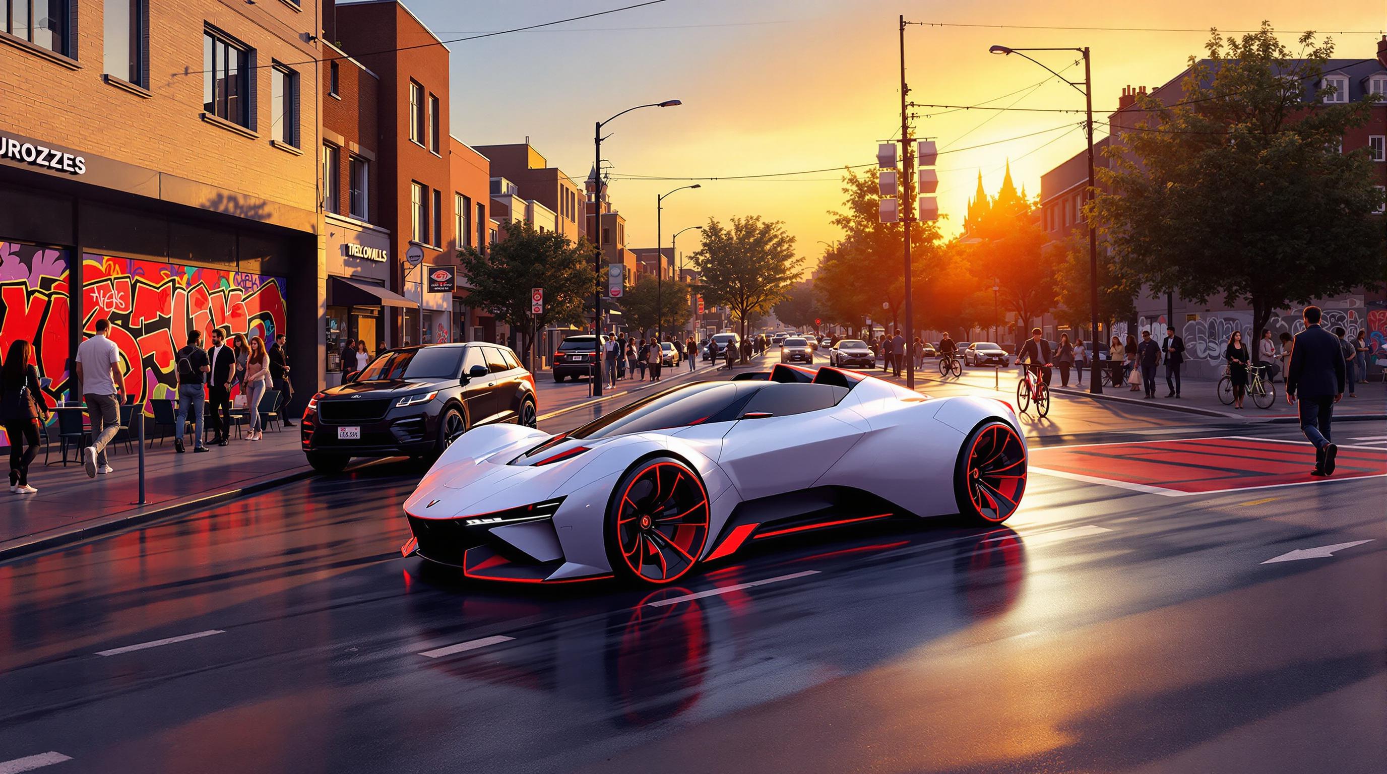 This image is a digital rendering that captures a dynamic urban street scene. The art style is modern and realistic with a cinematic quality, utilizing lighting and shadow to create depth and realism. The medium appears to be a highresolution digital painting, given the smooth gradients and the absence of brush strokes.The colors in the image are rich and vibrant, with a warm palette that suggests a time close to sunset. The sky is a gradient of orange and yellow hues, transitioning into cooler blues and purples, which gives the impression of the sun setting behind the buildings. The street is wet, indicating recent rain, and reflects the warm colors of the sky.The objects in the image are numerous and varied1. Vehicle The focal point of the image is a futuristic sports car with a sleek, angular design. It has a white and red color scheme with black detailing, and its sharp angles and aerodynamic shape give it a hightech appearance. The car is a convertible, with the roof down, and it has large, multispoke wheels with red detailing.2. People There are several pedestrians on the sidewalk, engaged in various activities such as walking, conversing, and cycling. They are dressed in casual, modern clothing that blends with the urban setting.3. Buildings The buildings on the left side of the street are adorned with colorful graffiti, predominantly in red and black, which adds a contemporary and edgy feel to the scene.4. Street Furniture There are outdoor seating areas with tables and chairs, and a bike rack on the left side of the street, indicating a pedestrianfriendly environment.5. Traffic In the background, there are other vehicles, including a black SUV that is passing by the futuristic car.6. Street Elements The street itself has reflective road markings, and there are puddles that catch the light, suggesting the wet conditions mentioned earlier.7. Sky The sky is clear, with no clouds, and the sun is setting, casting a warm glow over the scene.Overall, the image conveys a sense of modernity, vibrancy, and the juxtaposition of technology and urban life.
