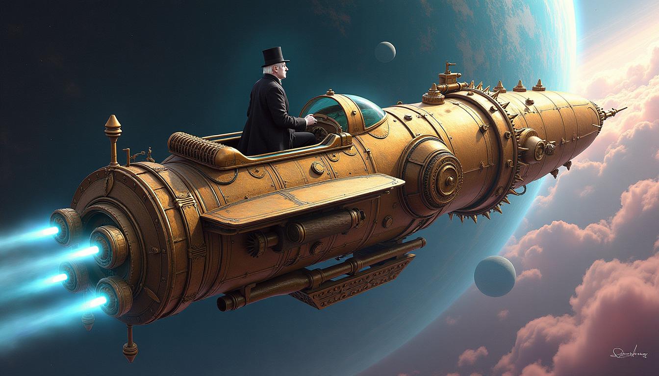 This image is a stunning depiction of a fantastical spacecraft, rich in detail and steeped in a steampunkinspired art style. The medium appears to be digital painting, given the smooth gradients and seamless blending of colors.The spacecraft is ornately designed with intricate gears, levers, and mechanical parts, all meticulously crafted to suggest a bygone era of industrial might. The ships exterior is adorned with elaborate patterns and swirls, reminiscent of baroque art, which gives it a sense of antiquity and grandeur. The ships color palette is a harmonious blend of gold, bronze, and copper tones, with touches of blue and green, which lend it a warm, almost celestial glow.At the helm of the ship sits a figure clad in a detailed, Victorianera costume, with a top hat and a long coat, which adds a touch of human presence and scale to the vessel. The figures pale complexion and white hair contrast with the rich colors of the ship, drawing the viewers eye to their commanding presence.The ship is propelled by what appears to be a powerful engine, with jets of blue light emanating from its exhaust ports, suggesting rapid movement through space. The ship is surrounded by a swirling nebula, with hues of pink, purple, and blue, and distant stars dotting the cosmic landscape. A large planet, partially obscured by a ring of darkness, hangs in the background, adding to the sense of an interstellar journey.Overall, the image evokes a feeling of wonder and exploration, transporting the viewer to a world where the marvels of science and the elegance of the past are intertwined in a magnificent spacecraft that sails the stars.