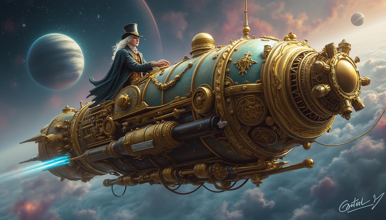 This image is a stunning depiction of a fantastical spacecraft, rich in detail and steeped in a steampunkinspired art style. The medium appears to be digital painting, given the smooth gradients and seamless blending of colors.The spacecraft is ornately designed with intricate gears, levers, and mechanical parts, all meticulously crafted to suggest a bygone era of industrial might. The ships exterior is adorned with elaborate patterns and swirls, reminiscent of baroque art, which gives it a sense of antiquity and grandeur. The ships color palette is a harmonious blend of gold, bronze, and copper tones, with touches of blue and green, which lend it a warm, almost celestial glow.At the helm of the ship sits a figure clad in a detailed, Victorianera costume, with a top hat and a long coat, which adds a touch of human presence and scale to the vessel. The figures pale complexion and white hair contrast with the rich colors of the ship, drawing the viewers eye to their commanding presence.The ship is propelled by what appears to be a powerful engine, with jets of blue light emanating from its exhaust ports, suggesting rapid movement through space. The ship is surrounded by a swirling nebula, with hues of pink, purple, and blue, and distant stars dotting the cosmic landscape. A large planet, partially obscured by a ring of darkness, hangs in the background, adding to the sense of an interstellar journey.Overall, the image evokes a feeling of wonder and exploration, transporting the viewer to a world where the marvels of science and the elegance of the past are intertwined in a magnificent spacecraft that sails the stars.