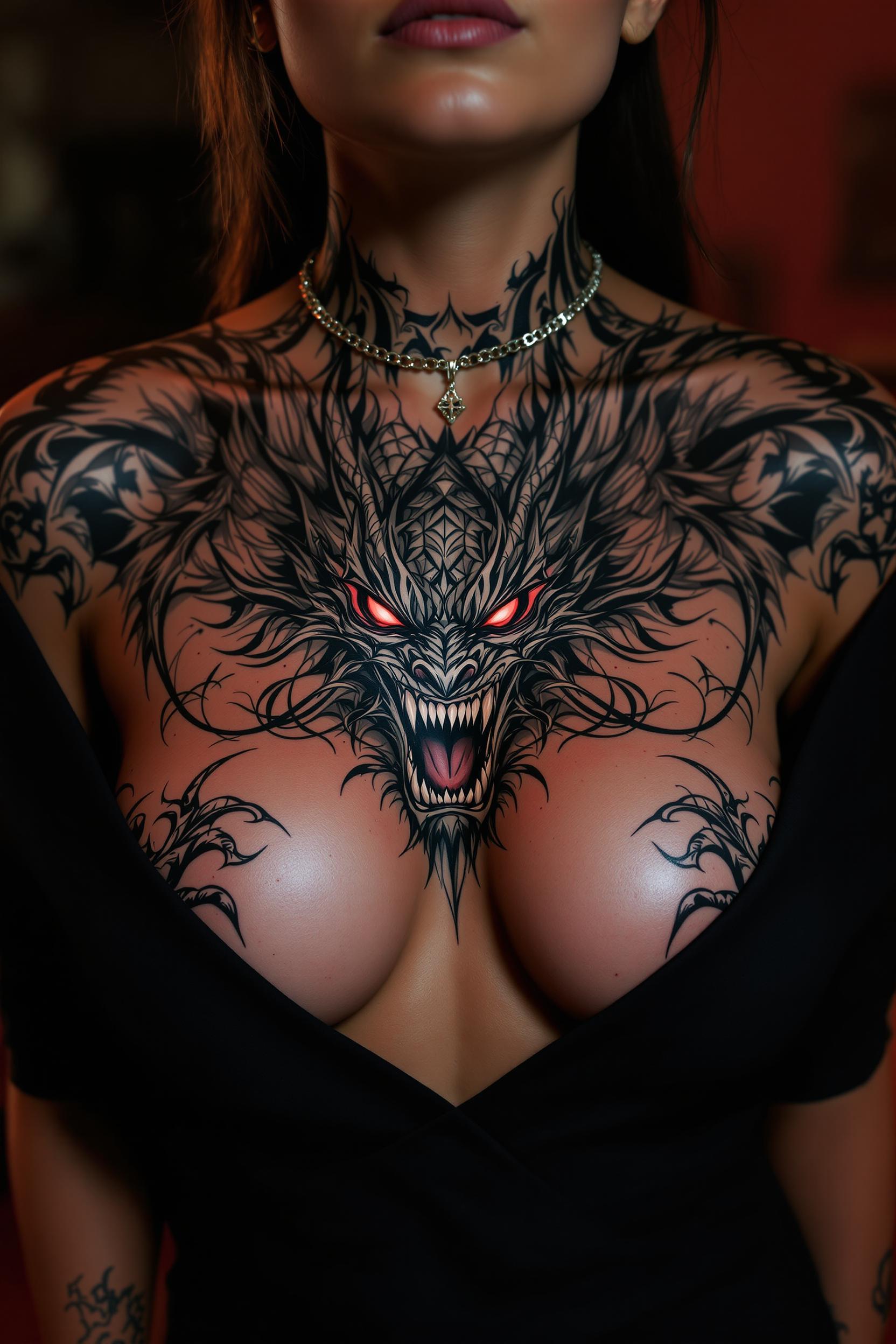This image features a woman with a highly detailed and intricate tattoo covering their chest, neck, and shoulders. The tattoo is a blend of black and gray shading with splashes of red, primarily in the eyes and mouth of the central figure. The art style appears to be a blend of traditional and neo traditional elements, with a focus on bold lines and shading that gives the tattoo a three dimensional effect.The tattoo depicts a fierce, mythical creature that could be interpreted as a dragon or a similar beast. The creature has a wide open mouth, with sharp teeth bared and eyes that are glowing red, adding to the menacing aura of the design. Its scales are intricately detailed, with patterns that suggest movement and texture. The creatures wings are spread out, and its talons are visible, ready to strike.The person is wearing a simple, dark garment that allows the tattoo to stand out prominently. Around the neck, there is a delicate chain necklace with a pendant that is not clearly visible due to the tattoos proximity.The overall medium of the tattoo is ink on skin, and the colors used are primarily black, gray, and red, with touches of other colors that might be part of the shading process. The lighting in the image is dramatic, with a focus on the tattooed area, which gives it a glossy and almost threedimensional appearance. The background is intentionally blurred, with a warm, reddish hue that suggests an indoor setting with ambient lighting.