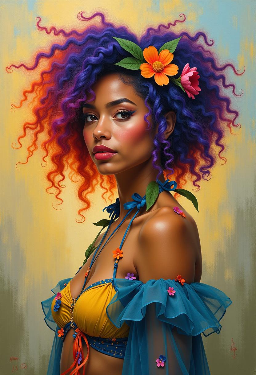 This is an oil painting that captures the portrait of a person with a striking and colorful hairstyle and attire. The subject is adorned with a voluminous, curly hairstyle that cascades in a gradient of colors, ranging from deep purples and blues at the roots to fiery oranges and reds at the tips. The hair is embellished with various flowers and leaves, adding a touch of nature and whimsy to the overall appearance.The subject is also wearing a garment that complements the hairstyle, featuring a similarly vibrant color palette. The clothing has a sheer, flowing quality, with a mix of blues, yellows, and greens, and is adorned with what appear to be ribbons and fabric flowers, further enhancing the festive and artistic aura of the subject.The background of the painting is a blend of warm and cool tones, with strokes of yellow, orange, and blue that create a dreamy and ethereal atmosphere. The brushstrokes are visible, giving the painting a textural quality that adds depth and movement.The overall art style of the painting is realistic with a touch of fantasy, as evidenced by the exaggerated colors and the whimsical elements in the hairstyle and attire. The medium appears to be oil paint, given the rich texture and luminosity of the colors.The objects in the painting are primarily the subjects hairstyle and clothing, which are the focal points of the composition. The background is less defined, with only subtle hints of objects and space, allowing the viewers attention to remain on the subjects striking appearance.
