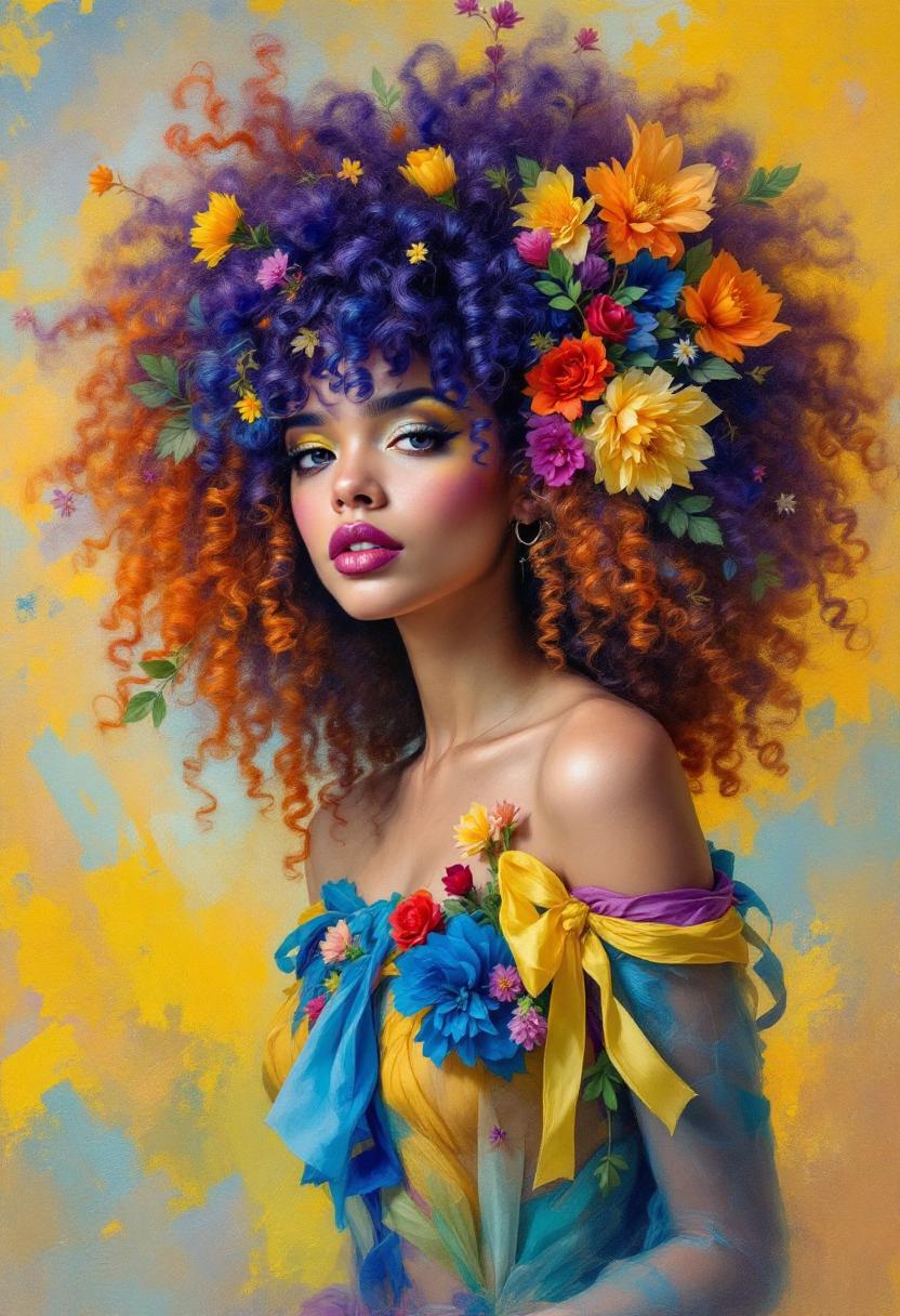 This is an oil painting that captures the portrait of a person with a striking and colorful hairstyle and attire. The subject is adorned with a voluminous, curly hairstyle that cascades in a gradient of colors, ranging from deep purples and blues at the roots to fiery oranges and reds at the tips. The hair is embellished with various flowers and leaves, adding a touch of nature and whimsy to the overall appearance.The subject is also wearing a garment that complements the hairstyle, featuring a similarly vibrant color palette. The clothing has a sheer, flowing quality, with a mix of blues, yellows, and greens, and is adorned with what appear to be ribbons and fabric flowers, further enhancing the festive and artistic aura of the subject.The background of the painting is a blend of warm and cool tones, with strokes of yellow, orange, and blue that create a dreamy and ethereal atmosphere. The brushstrokes are visible, giving the painting a textural quality that adds depth and movement.The overall art style of the painting is realistic with a touch of fantasy, as evidenced by the exaggerated colors and the whimsical elements in the hairstyle and attire. The medium appears to be oil paint, given the rich texture and luminosity of the colors.The objects in the painting are primarily the subjects hairstyle and clothing, which are the focal points of the composition. The background is less defined, with only subtle hints of objects and space, allowing the viewers attention to remain on the subjects striking appearance.