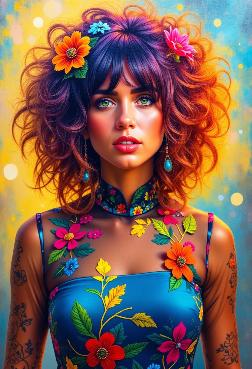 a photo of ANA$, This is an oil painting that captures the portrait of a person with a striking and colorful hairstyle and attire. The subject is adorned with a voluminous, curly hairstyle that cascades in a gradient of colors, ranging from deep purples and blues at the roots to fiery oranges and reds at the tips. The hair is embellished with various flowers and leaves, adding a touch of nature and whimsy to the overall appearance.The subject is also wearing a garment that complements the hairstyle, featuring a similarly vibrant color palette. The clothing has a sheer, flowing quality, with a mix of blues, yellows, and greens, and is adorned with what appear to be ribbons and fabric flowers, further enhancing the festive and artistic aura of the subject.The background of the painting is a blend of warm and cool tones, with strokes of yellow, orange, and blue that create a dreamy and ethereal atmosphere. The brushstrokes are visible, giving the painting a textural quality that adds depth and movement.The overall art style of the painting is realistic with a touch of fantasy, as evidenced by the exaggerated colors and the whimsical elements in the hairstyle and attire. The medium appears to be oil paint, given the rich texture and luminosity of the colors.The objects in the painting are primarily the subjects hairstyle and clothing, which are the focal points of the composition. The background is less defined, with only subtle hints of objects and space, allowing the viewers attention to remain on the subjects striking appearance.