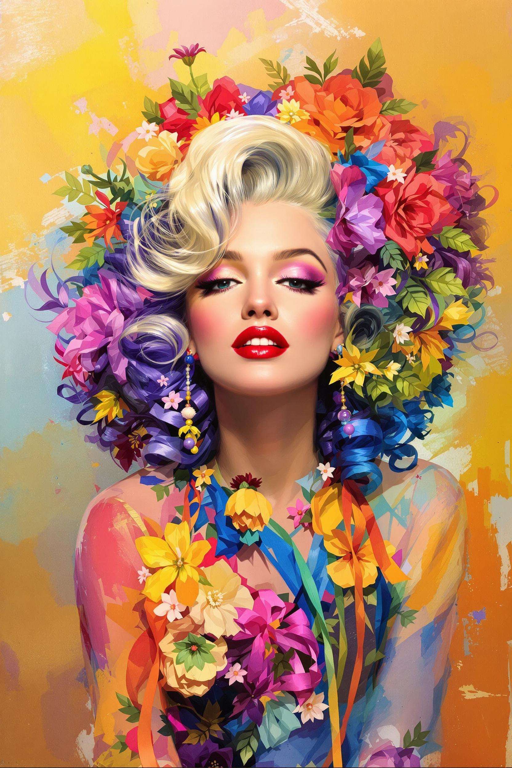 a photo of Marilyn Monroe, This is an oil painting that captures the portrait of a person with a striking and colorful hairstyle and attire. The subject is adorned with a voluminous, curly hairstyle that cascades in a gradient of colors, ranging from deep purples and blues at the roots to fiery oranges and reds at the tips. The hair is embellished with various flowers and leaves, adding a touch of nature and whimsy to the overall appearance.The subject is also wearing a garment that complements the hairstyle, featuring a similarly vibrant color palette. The clothing has a sheer, flowing quality, with a mix of blues, yellows, and greens, and is adorned with what appear to be ribbons and fabric flowers, further enhancing the festive and artistic aura of the subject.The background of the painting is a blend of warm and cool tones, with strokes of yellow, orange, and blue that create a dreamy and ethereal atmosphere. The brushstrokes are visible, giving the painting a textural quality that adds depth and movement.The overall art style of the painting is realistic with a touch of fantasy, as evidenced by the exaggerated colors and the whimsical elements in the hairstyle and attire. The medium appears to be oil paint, given the rich texture and luminosity of the colors.The objects in the painting are primarily the subjects hairstyle and clothing, which are the focal points of the composition. The background is less defined, with only subtle hints of objects and space, allowing the viewers attention to remain on the subjects striking appearance.