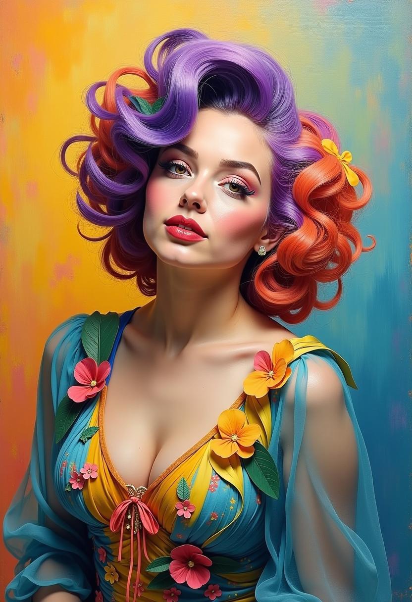 a photo of Marilyn Monroe, This is an oil painting that captures the portrait of a person with a striking and colorful hairstyle and attire. The subject is adorned with a voluminous, curly hairstyle that cascades in a gradient of colors, ranging from deep purples and blues at the roots to fiery oranges and reds at the tips. The hair is embellished with various flowers and leaves, adding a touch of nature and whimsy to the overall appearance.The subject is also wearing a garment that complements the hairstyle, featuring a similarly vibrant color palette. The clothing has a sheer, flowing quality, with a mix of blues, yellows, and greens, and is adorned with what appear to be ribbons and fabric flowers, further enhancing the festive and artistic aura of the subject.The background of the painting is a blend of warm and cool tones, with strokes of yellow, orange, and blue that create a dreamy and ethereal atmosphere. The brushstrokes are visible, giving the painting a textural quality that adds depth and movement.The overall art style of the painting is realistic with a touch of fantasy, as evidenced by the exaggerated colors and the whimsical elements in the hairstyle and attire. The medium appears to be oil paint, given the rich texture and luminosity of the colors.The objects in the painting are primarily the subjects hairstyle and clothing, which are the focal points of the composition. The background is less defined, with only subtle hints of objects and space, allowing the viewers attention to remain on the subjects striking appearance.