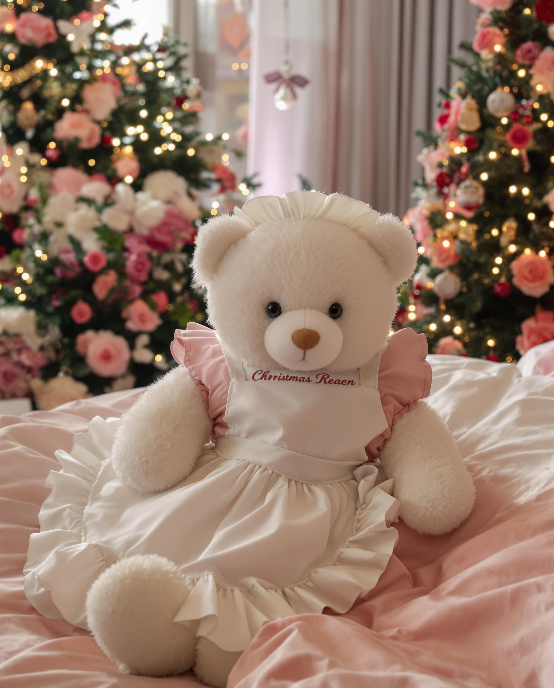 Very bright bedroom. A small white cute fluffy bear on the bed dressed in a beautiful rose dress and white culinary apron with ruffles. Magical atmosphere.  Flowers roses and Christmas tree with lights in the background. Photorealism.