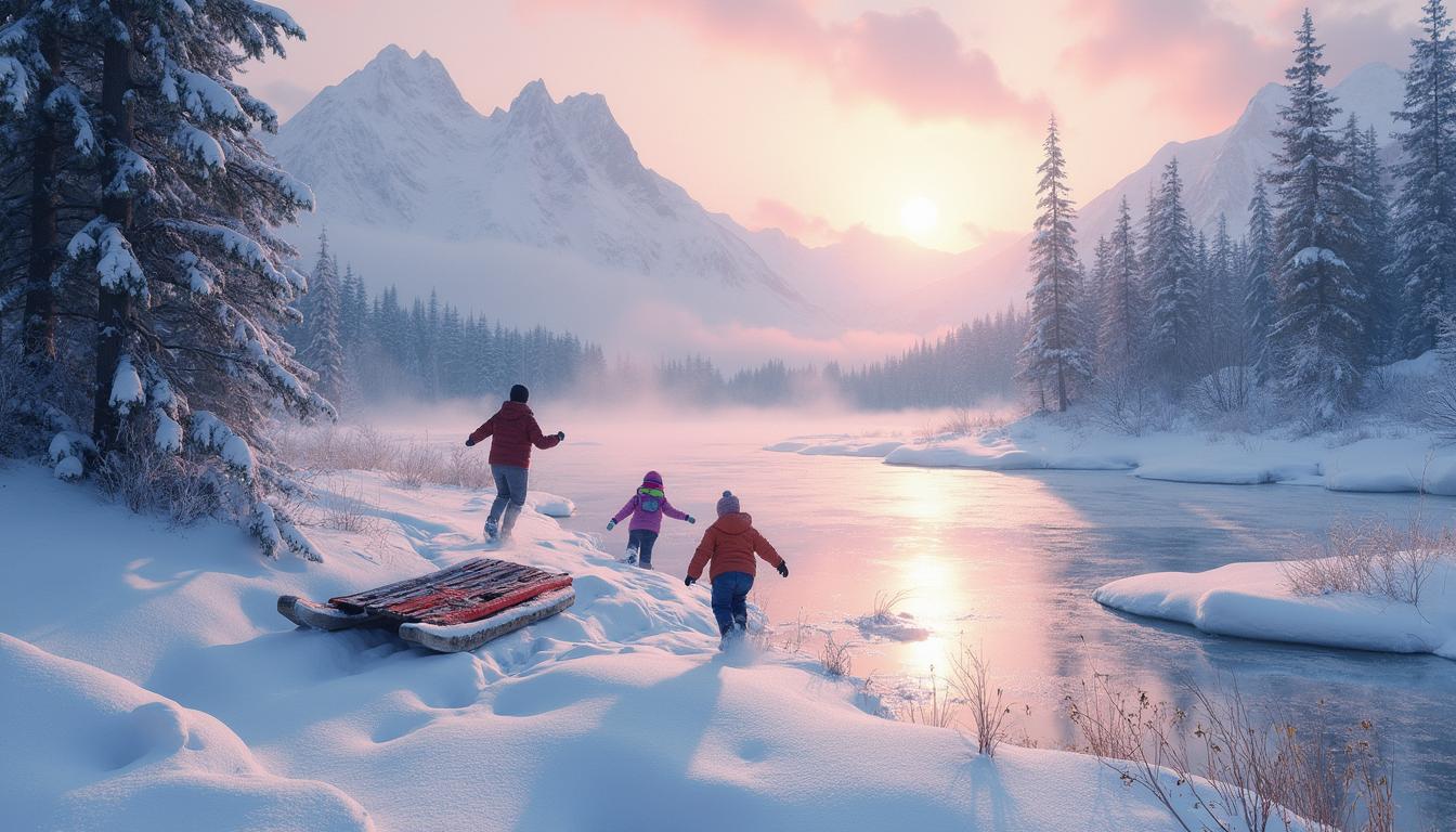 A vast expanse of pristine snow blankets the landscape, each flake glimmering like scattered diamonds under the soft embrace of a pale, wintry sun that hangs low in the dusky sky. Towering evergreens, their boughs heavy with a thick layer of frost, stand sentinel around a frozen pond, its surface glistening with a delicate sheen, reflecting the muted hues of a twilight palette—lavender, pale blue, and hints of dusky rose. Wisps of fog curl lazily above the ground, intertwining with the crisp, fresh air, while the distant sound of laughter echoes faintly, as children clad in vibrant scarves and woolen mittens tumble joyfully down a snow-covered hill, their cheeks flushed with the cold.

In the foreground, a rustic wooden sled lies abandoned, half-buried in the snow, its vibrant red paint dulled by frost but still hinting at cheerful adventures. The scene is framed by a gentle slope that rises toward a horizon of jagged mountains, their peaks dusted with snow and kissed by the last rays of the setting sun, casting long shadows that stretch across the glistening ground. The composition draws the eye inward, where the interplay of light and shadow dances across the shimmering surface of the ice, inviting one to pause and breathe in the crisp, invigorating air, savoring the serene beauty of a winter wonderland.