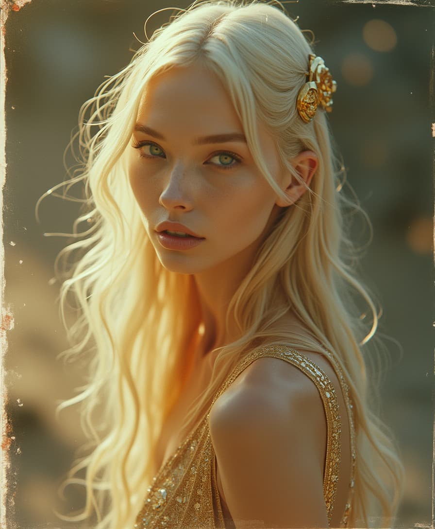 A luxurious polaroid photograph captures a stunningly beautiful, slender fantasy woman with ethereal features that blend the allure of alien anatomy with realistic human traits. Her flowing, golden hair cascades down her shoulders, shimmering like liquid sunlight, while her piercing eyes reflect a depth of wisdom beyond her 20 years. Dressed in high-fashion attire that accentuates her unique form, she embodies a perfect fusion of fantasy and reality, showcasing intricate designs that evoke a sense of otherworldly elegance. The backdrop hints at a dreamlike landscape, enhancing the luxurious essence of this enchanting figure, making her a captivating muse for any high-fashion narrative.