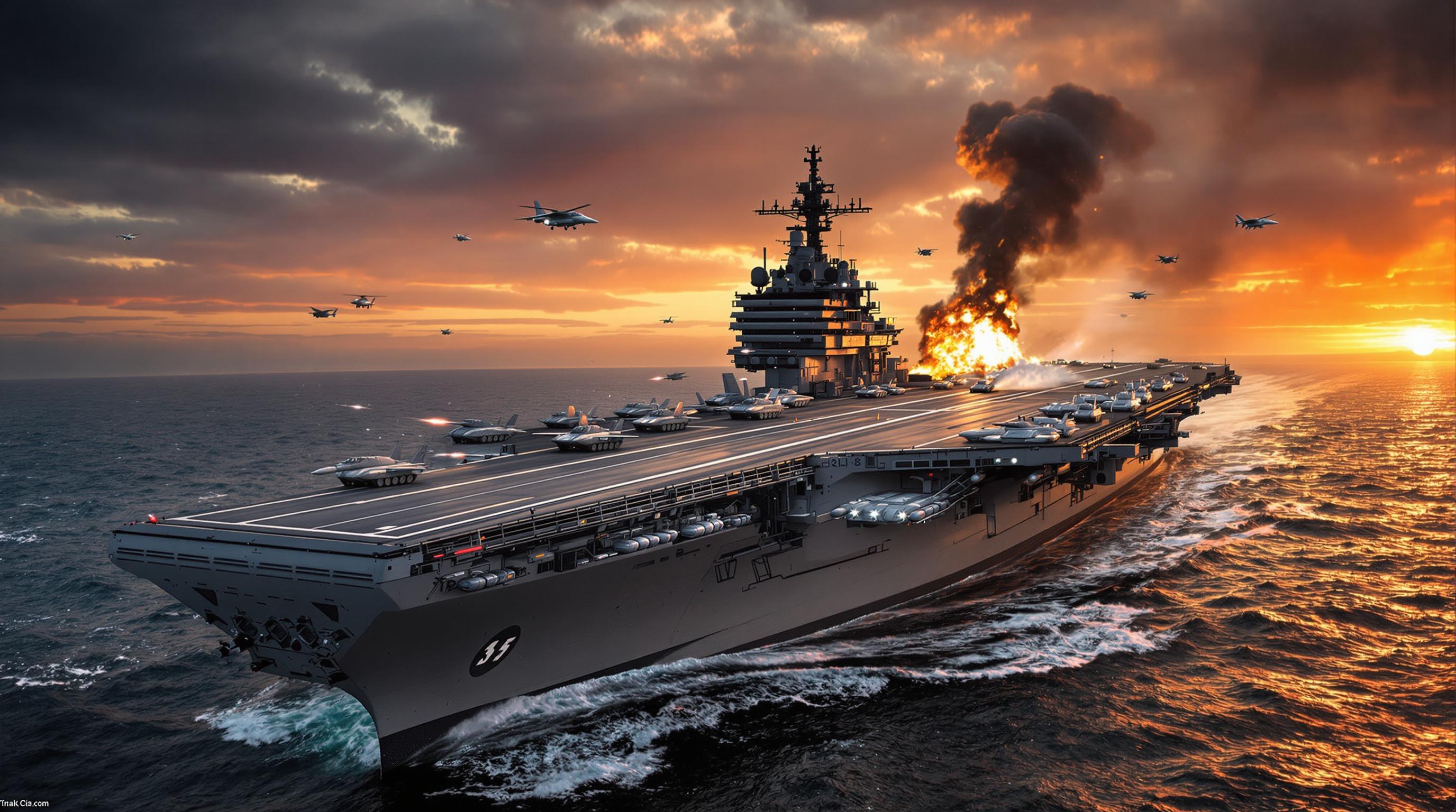 A massive, heavily armed aircraft carrier sailing through a turbulent ocean during a dramatic sunset. The carrier's expansive deck is lined not only with fighter jets but also with military tanks secured for transport, their metallic surfaces glinting under the fiery sky. The ship brims with advanced weaponry, including missile launchers and anti-aircraft guns. Smoke billows from the carrier's stacks as it moves through the water, creating a sense of raw power. The surrounding ocean reflects the glow of explosions and energy blasts from distant combat. Fighter jets can be seen launching into the air, leaving vapor trails across the dramatic sky, while helicopters hover nearby. The perspective emphasizes the carrier's immense size, with tanks and jets prominently displayed, capturing a cinematic, action-packed atmosphere.