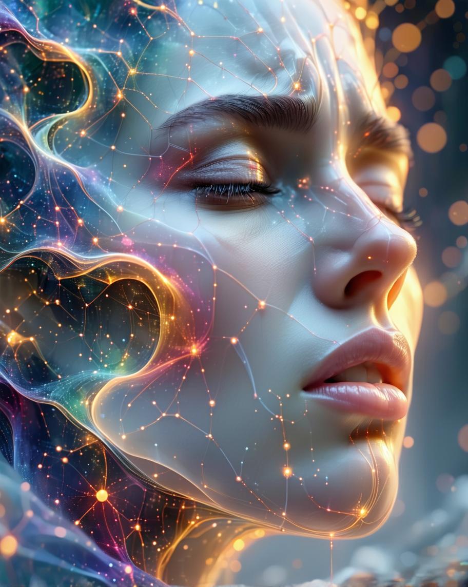 An abstract representation of a woman's crying face infused with neuro scientific, molecular, and fluid motifs. The face is in shades of gray but has flowing, vibrant colors weaving in and out of the skin in delicate, flowing shapes and geometric patterns — as if dissolving into strands resembling the weaves of time. Visible throughout the colorful waves are neural pathways, lighting up as if the woman is dreaming. Subtle digital effects like glowing nodes and translucent waves. The bright colors of the flowing shapes and waves represent the vibrancy of her inner world. The background is minimalistic and the composition feels futuristic, elegant, and thought-provoking, blending art and science seamlessly.