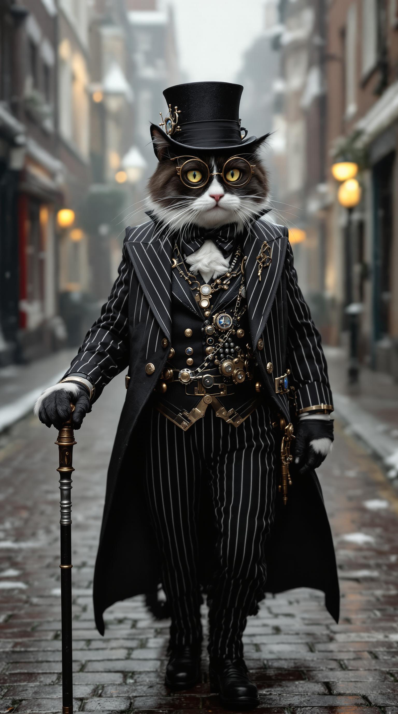 Ultra-realistic steampunk style image of an black and white cat wearing a black pin-striped open, long-tailed steampunk style tuxedo, vest and steampunk style top hat with a walking cane. He is walking in a vintage cobblestone street in dreary, foggy 1800's London, snowy England.