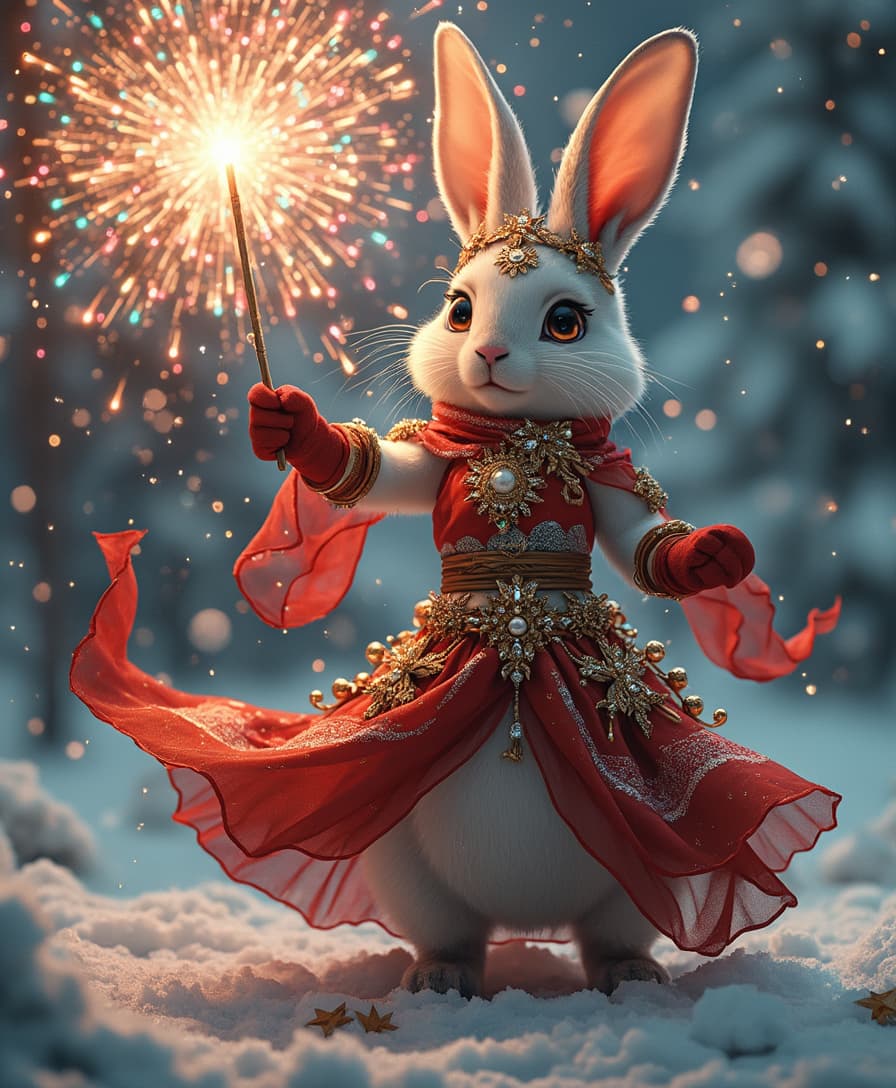 A fierce and elegant Christmas goddess Rabbit, adorned with sparkling jewels and decorations, stands confidently while holding a magic wand. As she swings it into the air, she creates a magnificent display of colorful fireworks that light up the night sky, transforming the scene into a breathtaking spectacle. This magical creature embodies the spirit of creativity and artistry, as her movements are fluid and graceful, bringing a dynamic energy to the static art around her. The enchanting environment, made of glistening snow, reflects the beauty of the season, inviting everyone to celebrate the joy and wonder of the New Year. With the introduction of Transform Static Art into Dynamic Masterpieces Live, your characters can now move, speak, and shine with unparalleled finesse, ensuring that every artistic creation is a masterpiece in its own right. Happy New Year!