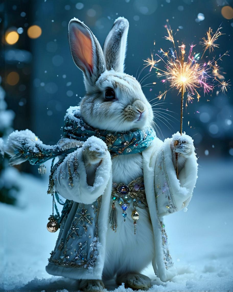 A fierce and elegant Christmas goddess Rabbit, adorned with sparkling jewels and decorations, stands confidently while holding a magic wand. As she swings it into the air, she creates a magnificent display of colorful fireworks that light up the night sky, transforming the scene into a breathtaking spectacle. This magical creature embodies the spirit of creativity and artistry, as her movements are fluid and graceful, bringing a dynamic energy to the static art around her. The enchanting environment, made of glistening snow, reflects the beauty of the season, inviting everyone to celebrate the joy and wonder of the New Year. With the introduction of Transform Static Art into Dynamic Masterpieces Live, your characters can now move, speak, and shine with unparalleled finesse, ensuring that every artistic creation is a masterpiece in its own right. Happy New Year!
