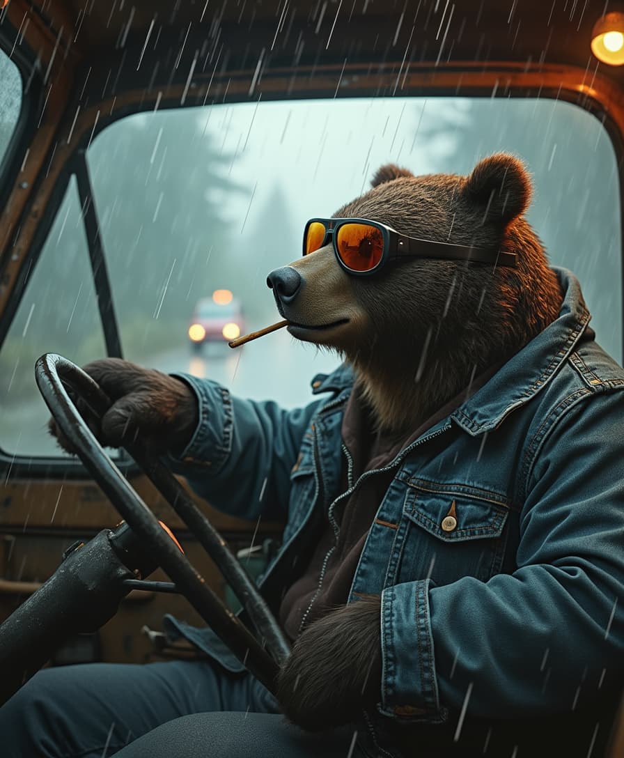Create a hyper-realistic image of an anthropomorphic bear wearing a rugged denim jacket and aviator sunglasses, seated in the driver’s seat of an old pickup truck during a rainy evening. Bruno leans back with one paw on the wheel, chewing on a toothpick while gazing out at the misty forest road. The windshield is streaked with raindrops, and fog rolls in outside, with the truck’s warm cabin lights casting a cozy glow. Highlight the texture of the raindrops and mist for a moody, atmospheric vibe.