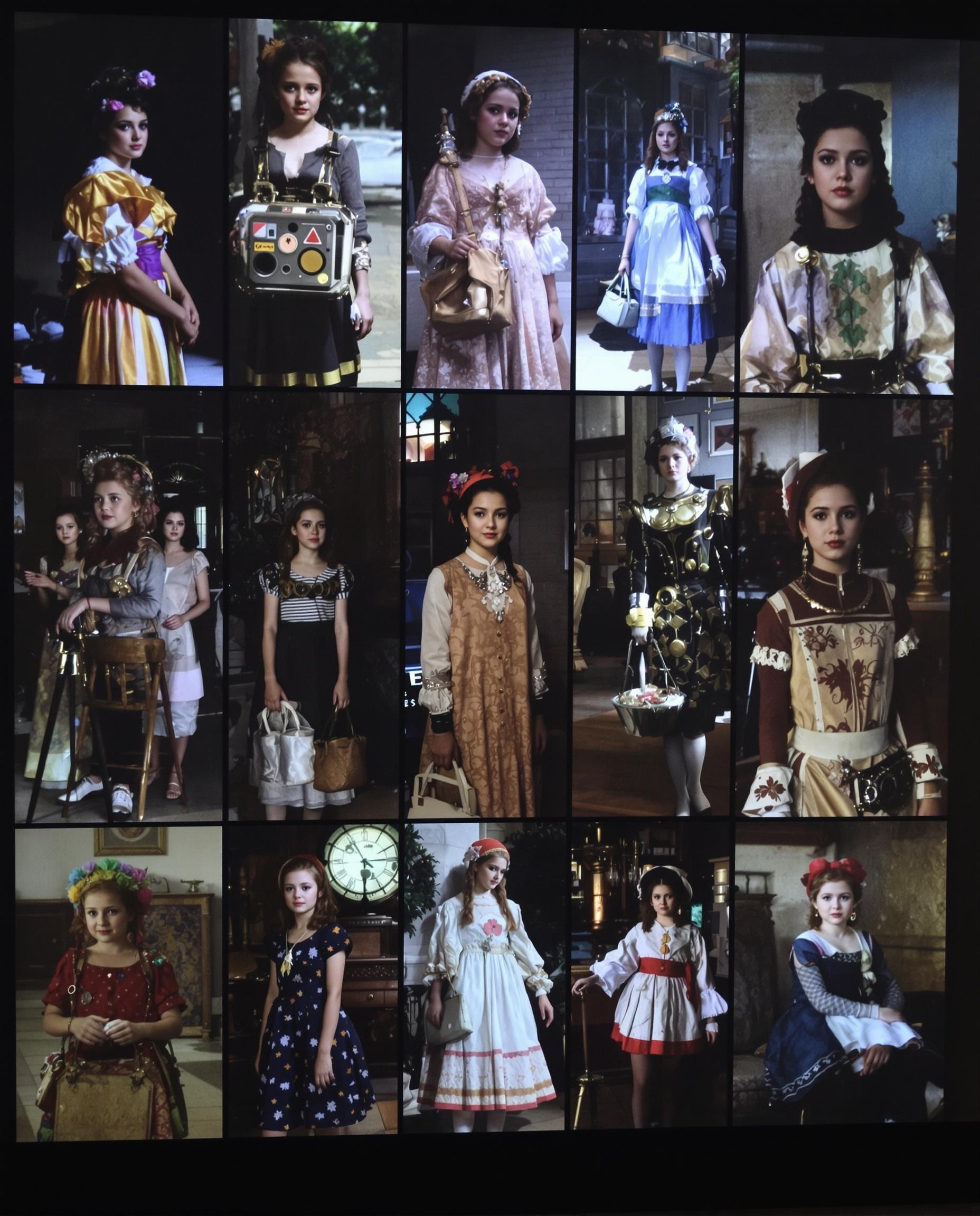 Divide the screen into sixty equal parts, each depicting young girls dressed in different eras